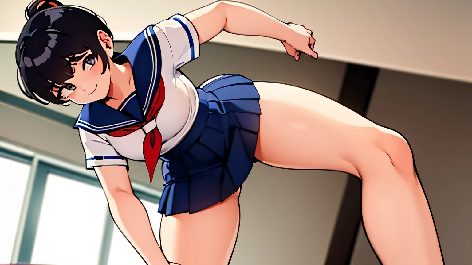 girl standing in school classroom,sailor shirt,micro mini skirt,18-year-old,bangs,a little smiles,thighs,crotch,knees,short cut hair,ponytail,from below,acjc