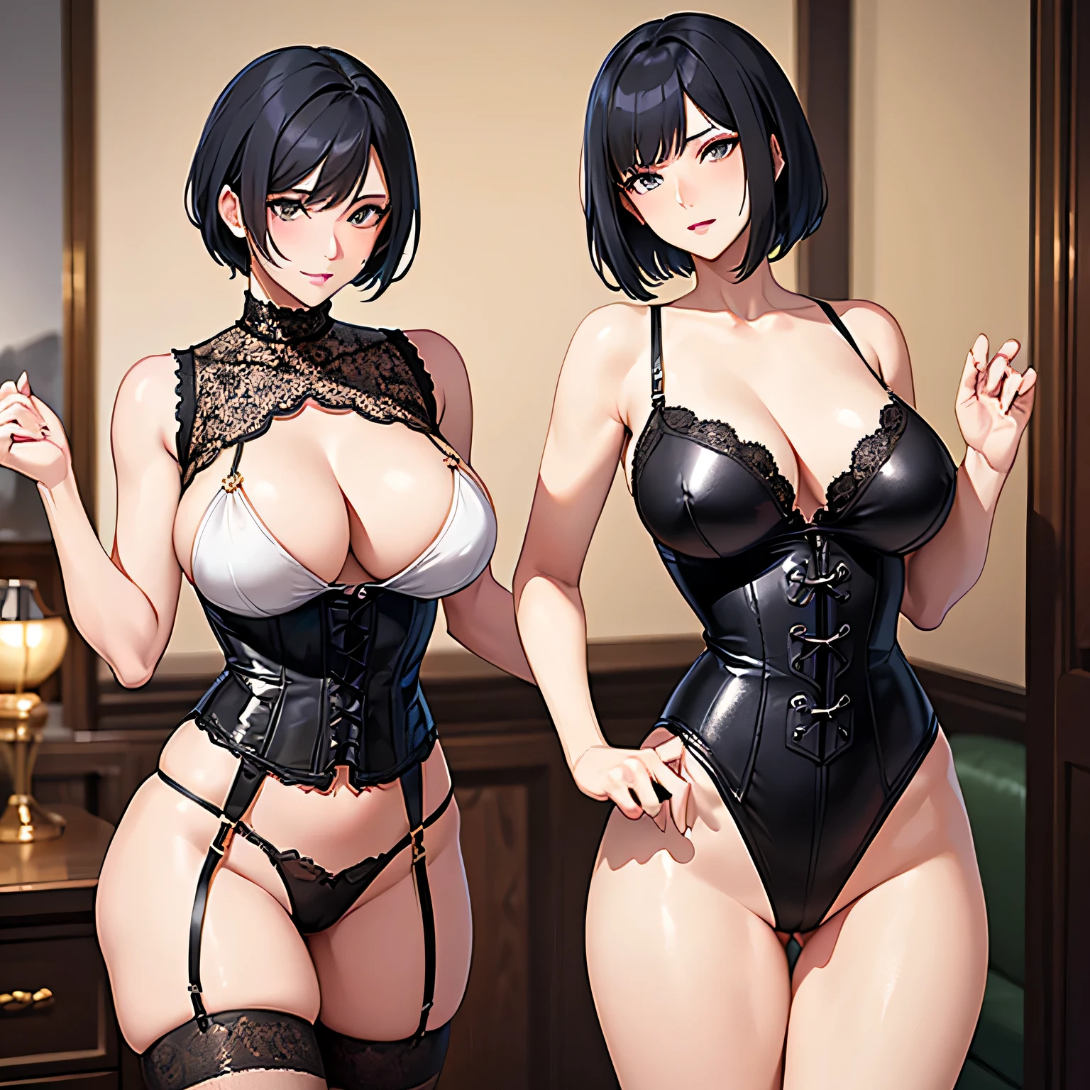 1 mature woman, blackhair, tall, Face in love, Super high quality, masterpiece, Super fine, 8k, Only one person in the room, beautiful girl anime face, short hair, an inviting gesture, inviting face, nice body, Ultra-detailed reality gold lingerie, Ultra high reality garter belt, corset,  emphasis, Body emphasis
