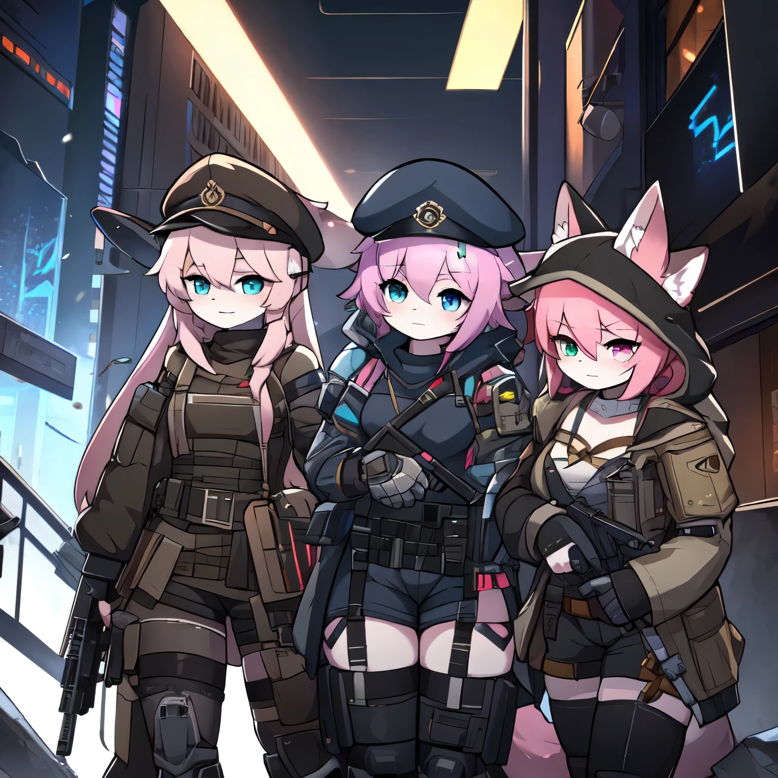 Kawaii, pink striped Fluffy Fox, flat chest, emaciated, Pink hair, left eye is red, right eye is blue, heterochromia, 3girls, on the night deserted and destoryed city with ruins and snowing follows Cold weather, synthetic tissue skin, cybernetic prosthetics, Mechanical prosthetic legs, digital headphone with HUD, cybernetical prosthetic arms, over-sized long blouse with ribbons, thigh-high-socks, shorts, Grey long-Sleeve loose off-the-shoulder Military hood jacket, tactical gun holsters in thigh, Mechanical boots, metallic knee pads, tactical belted loose Arm Sleeves, cybernetic Display gloves, chest rigs, tactical belts, Blue archive halo, Submachine Gun holded on left hand, bulletproof goggles Private military service hat, Arknights,