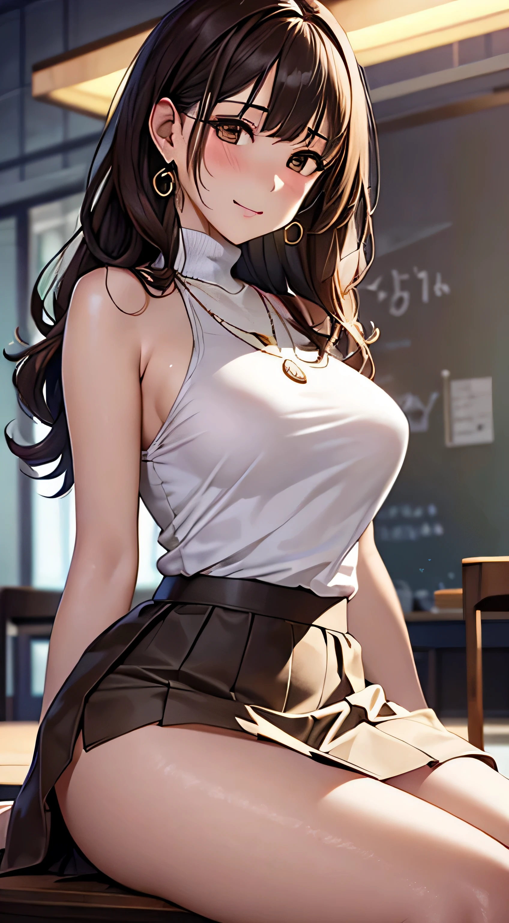 (table top, highest quality, High resolution, , perfect pixel, 4k,), 1 girl, single, alone, Beautiful woman、I could see the whole body、 ((Wavy mid-hair, bangs, brown hair)), ((brown eyes, beautiful eyelashes, realistic eyes)), ((detailed face, blush:1.2)), ((smooth texture:0.75, realistic texture:0.65, realistic:1.1, Anime CG style)), medium breasts, dynamic angle, perfect body, ((, female teacher, , earrings、necklace、Beige sleeveless turtleneck sweater、Tight Skirt、black knee high stockings、pink lace panties、shy smile)), Upper grade、、、evening、、Bring your arms together to emphasize your chest、Hold the necklace between your chest、(、()、angle from below)、