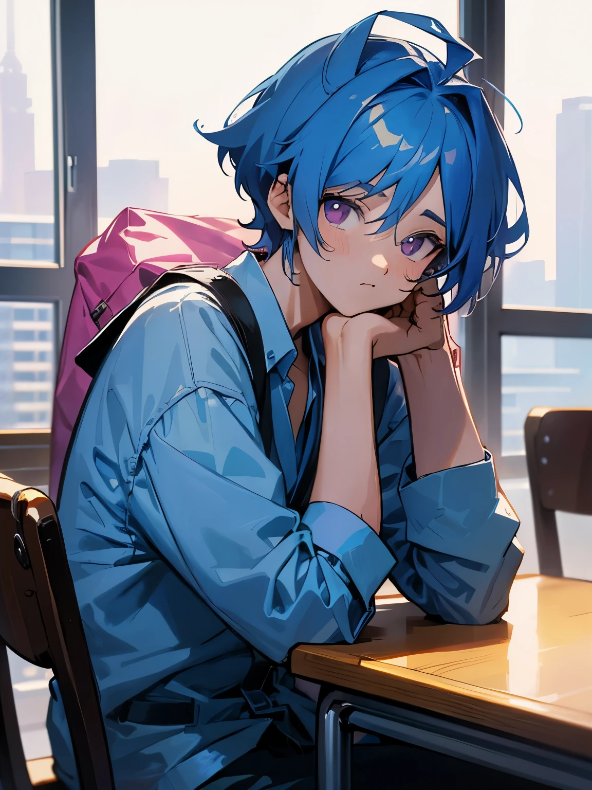 cartoon of two boys sitting at a table with a book and a backpack, ddlc, in the art style of 8 0 s anime, 9 0 s anime style, 90s anime style, in anime style, in an anime style, anime aesthetic, anime vibes, 9 0 s anime aesthetic, 9 0 s anime art style, lofi boy, typical anime classroom, beautiful background window, two cute boys, beautiful faces, two boys, don't extra hands, NO extra hands, generate two boys with NO extra hands, NO extra arm