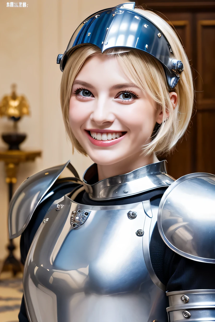 8k、A female knight about to take off her helmet、The background is a room in a castle.、Luxurious Silver Armor、smile、beautiful teeth、full body photo、hairstyle short cut、ear piercing、white woman、blonde hair、blue eyes、heavy makeup、