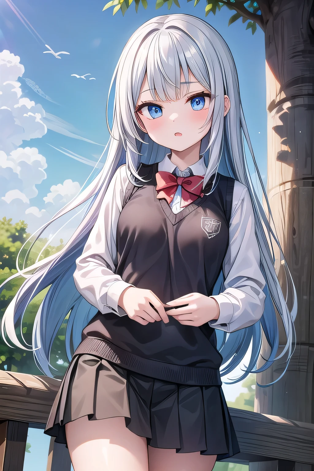 solo girl, standing,20 years old,silver hair, blue inner color hair,long hair, blue eyes, small breast, red bowtie,white long sleeves shirt,black sweater vest, dark blue skirt,outdoors,tree, insanely detailed, absurdres, ultra-highres, ultra-detailed, best quality, slender, kawaii, perfect symmetrical face, ultra cute girl, ultra cute face, ultra detailed eyes, ultra detailed hair, ultra cute, ultra beautiful,