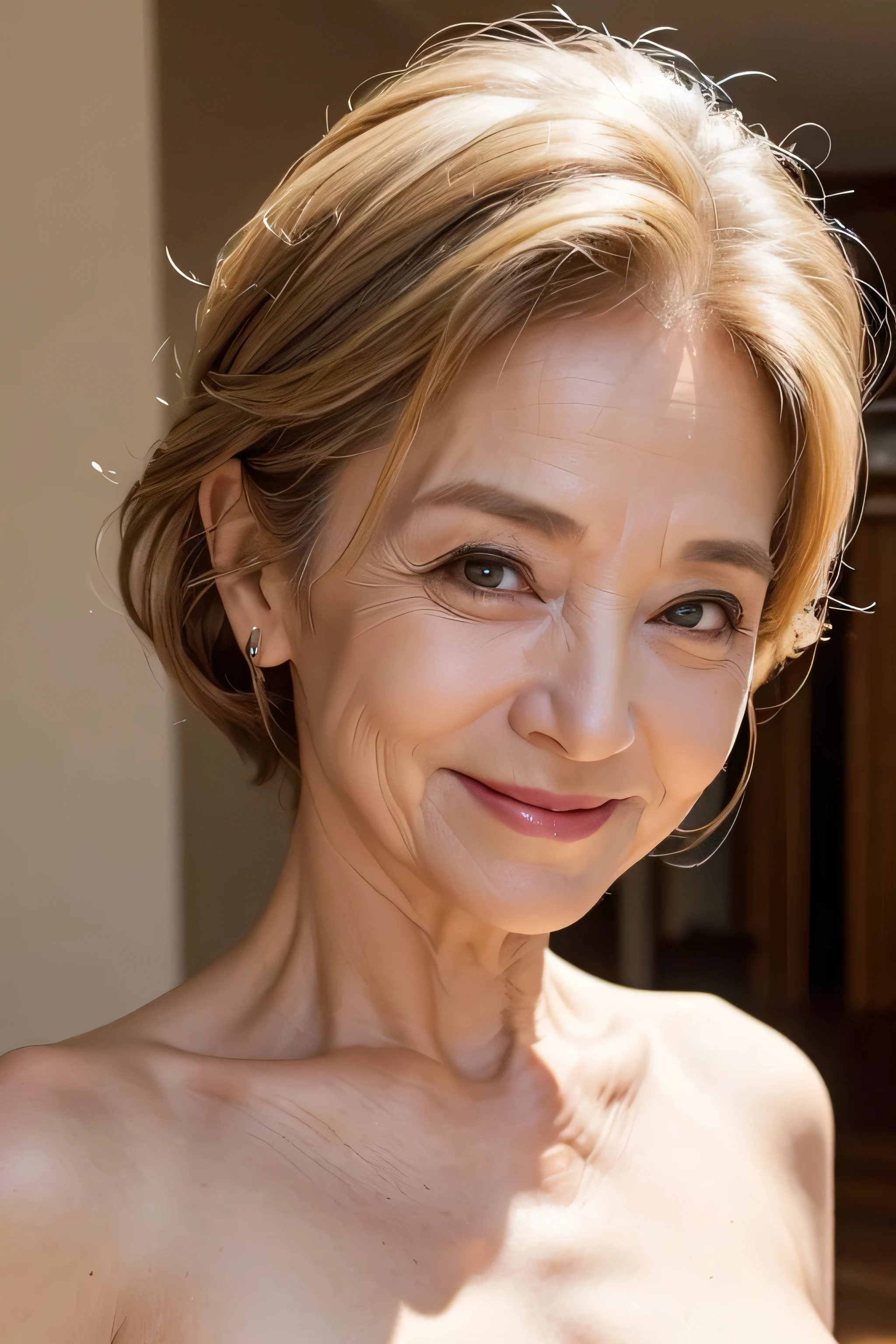 (Masterpiece:1.4),(67-year-old woman:1.4),(Wrinkles on the face1.2),smile,nude,sexy pose