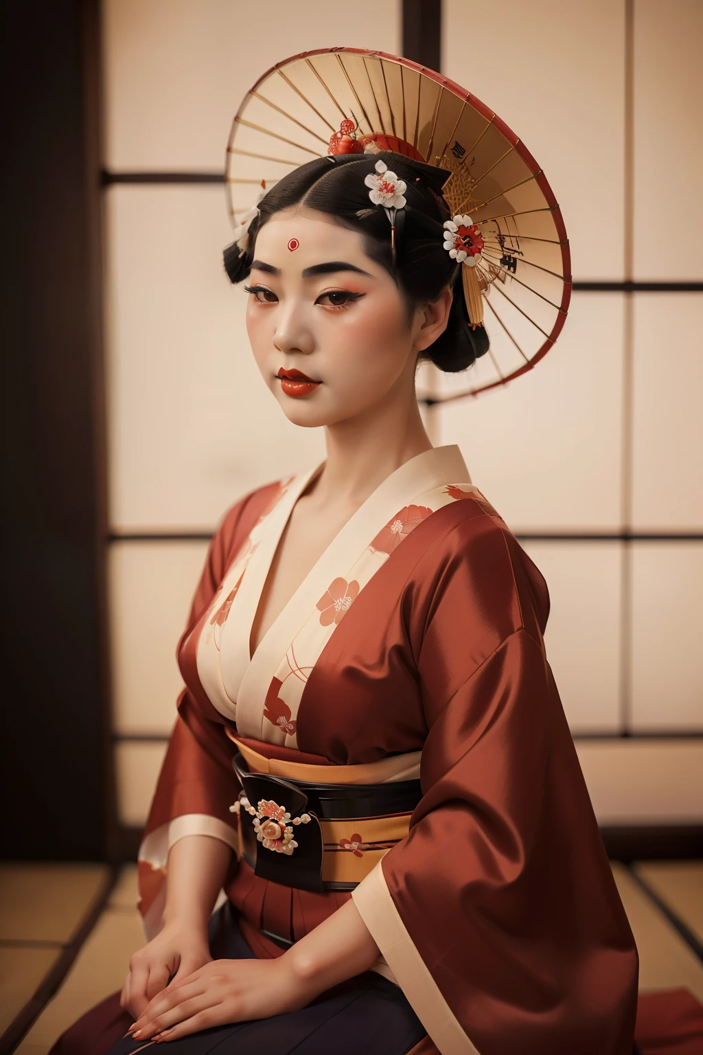 Japan, 1929. A young ((((19-year-old)) Hatsumomo)), beautiful, cunning, voluptuous figure, full lips, sultry demeanor, ((((geisha clothings from the 1920s)))), ((geisha hairstyle of the 1920s)), color