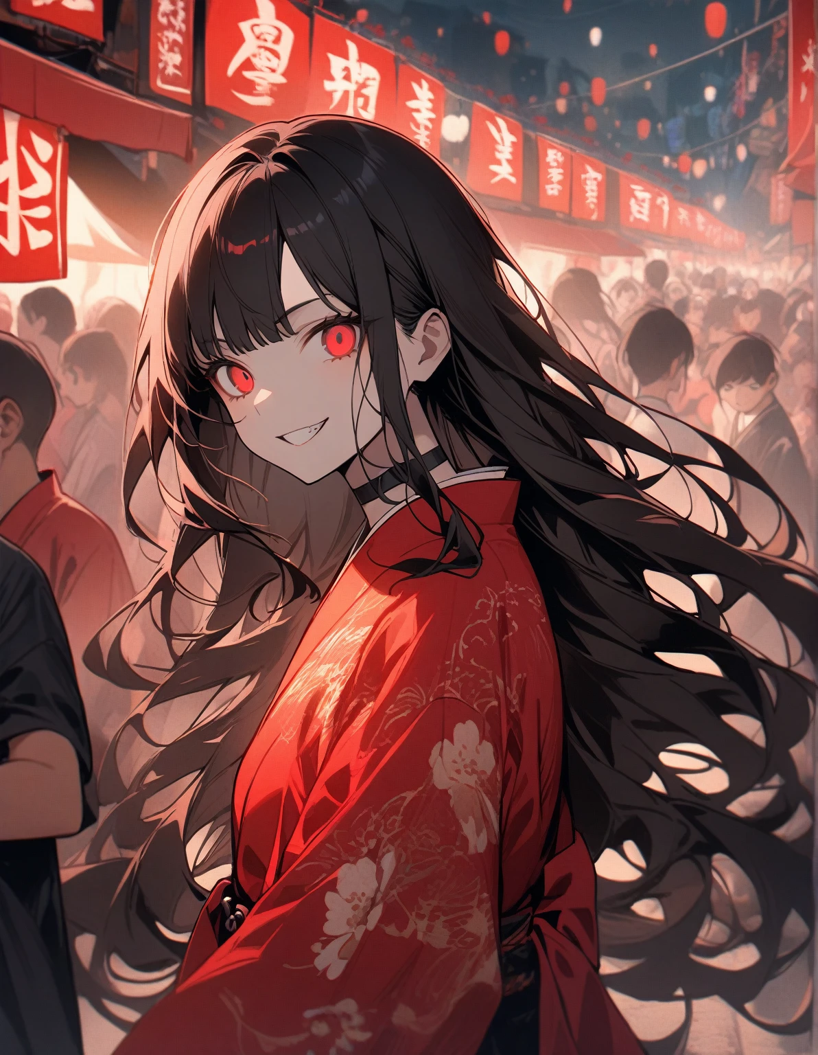 1 girl, red eyes, black hair with a red gradient on her hair, long hair with bangs, looks at the viewer, dressed in a black and red kimono, black choker with spikes, chains, summer festival in Japan, night on the street, a lot of people, evil grin, flowing hair, delicate tones