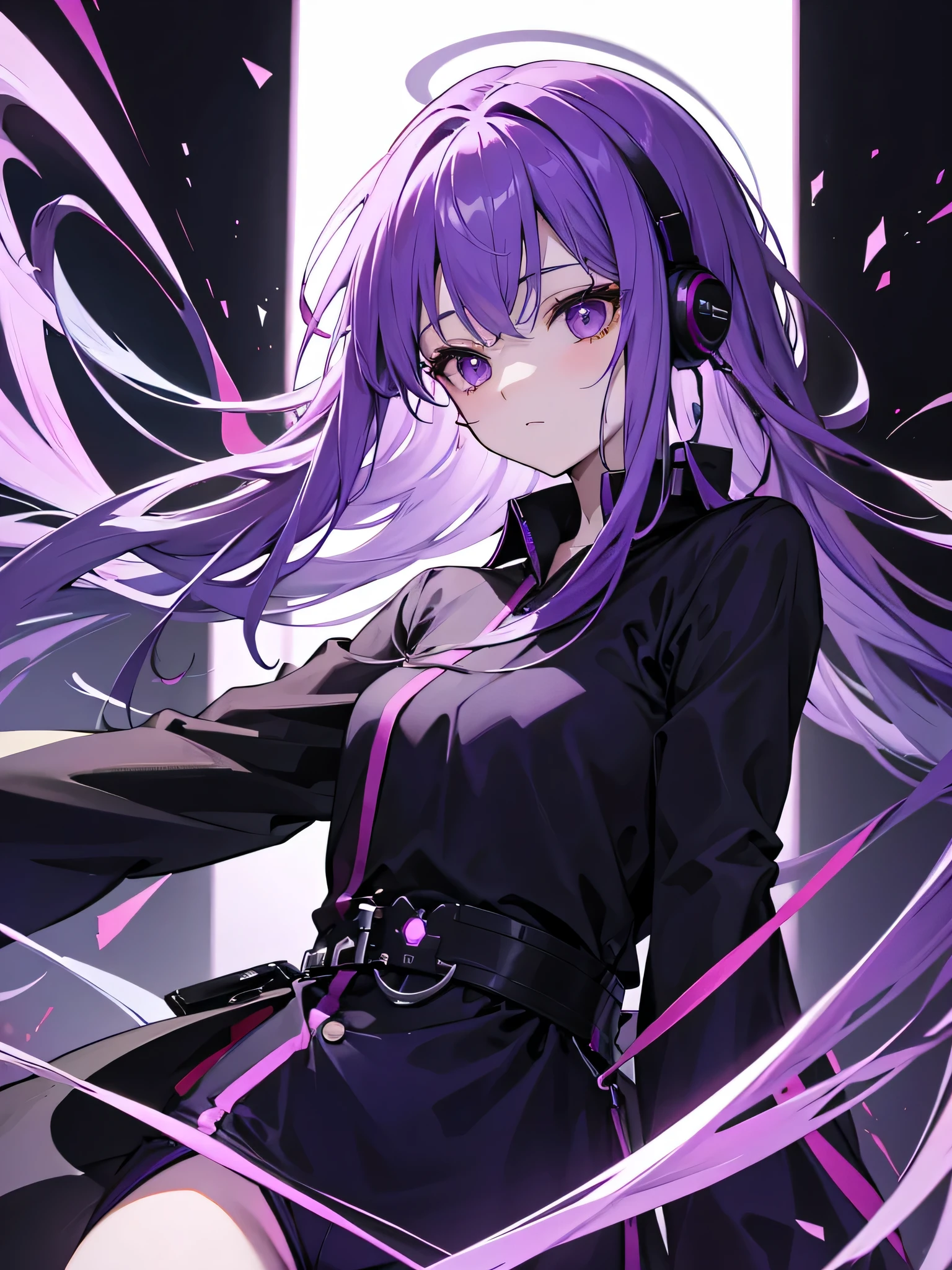 purple hair，profile，Female person，headphoneike stand、Purple suit set、black shirt、cutter shirt