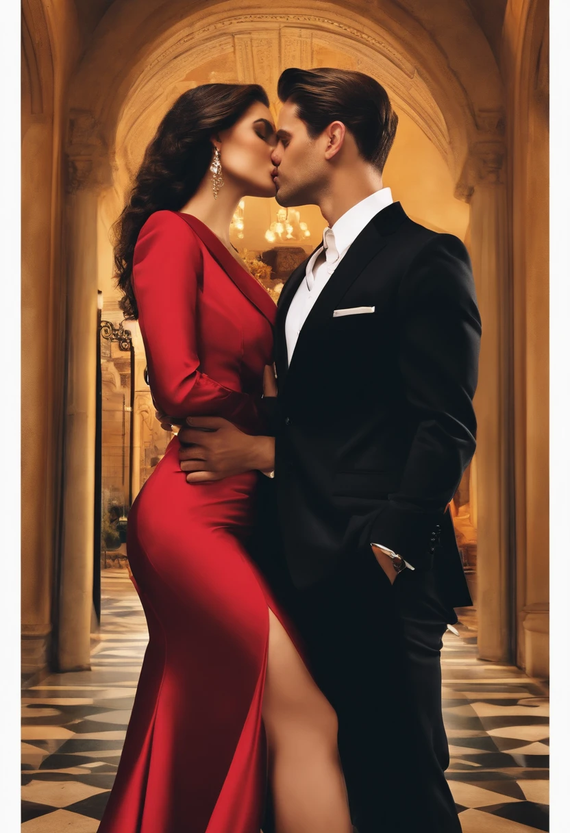 Caucasian couple brunette businessmen in black suits kissing