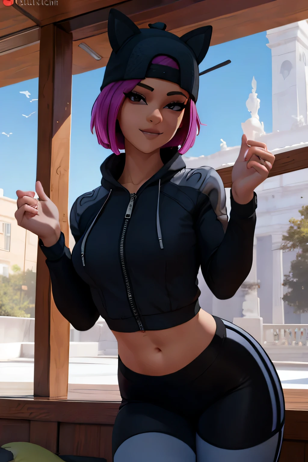 1 chica, (obra maestra), (Mejor calidad), de pie, (solo), mirando al espectador, alto detallado,Extremadamente detallado, Ojos finos, sonrisa,dynamic pose, pelo corto rosa,gorra,top corto, chaqueta,guante sin dedos,con curvas,bosque,anteojos,(leggins negros ),(retrato:1.2),