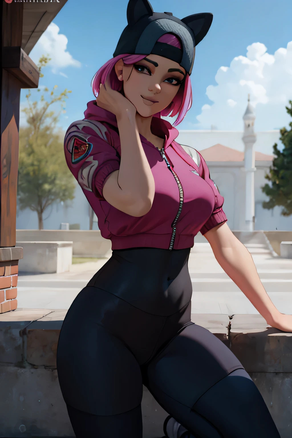 1 chica, (obra maestra), (Mejor calidad), de pie, (solo), mirando al espectador, alto detallado,Extremadamente detallado, Ojos finos, sonrisa,dynamic pose, pelo corto rosa,gorra,top corto, chaqueta,guante sin dedos,con curvas,bosque,anteojos,(leggins negros ),(retrato:1.2),