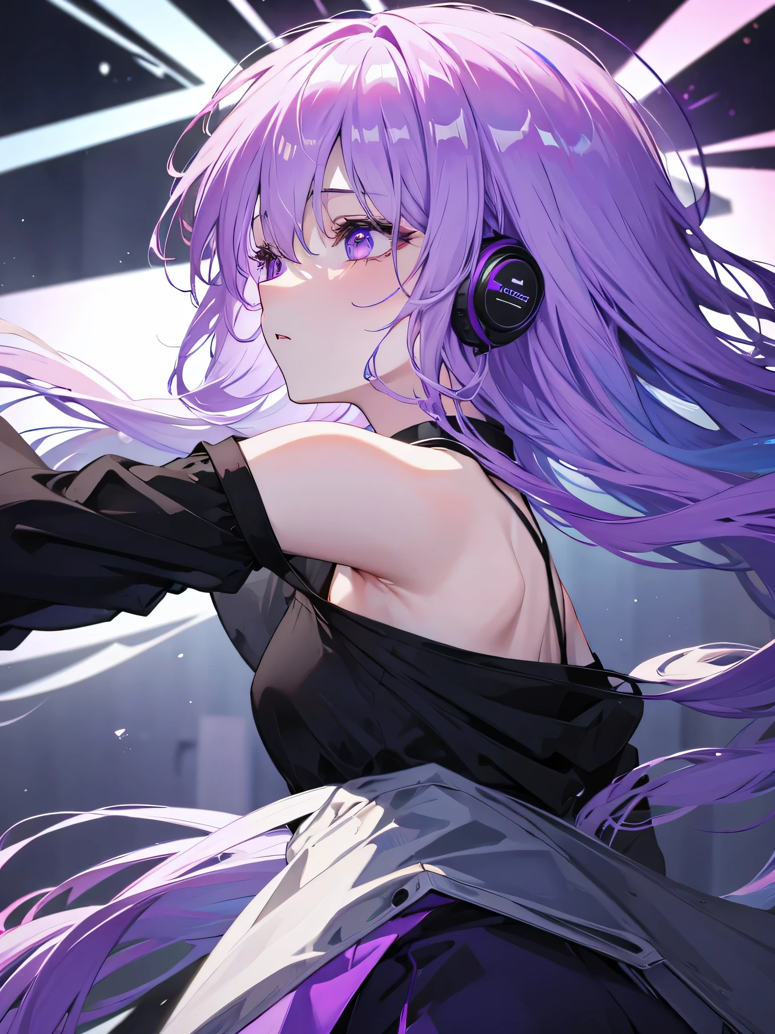 purple hair，profile，Female person，headphoneike stand、Purple suit set、black shirt、cutter shirt、Blue pubic hair in the eye