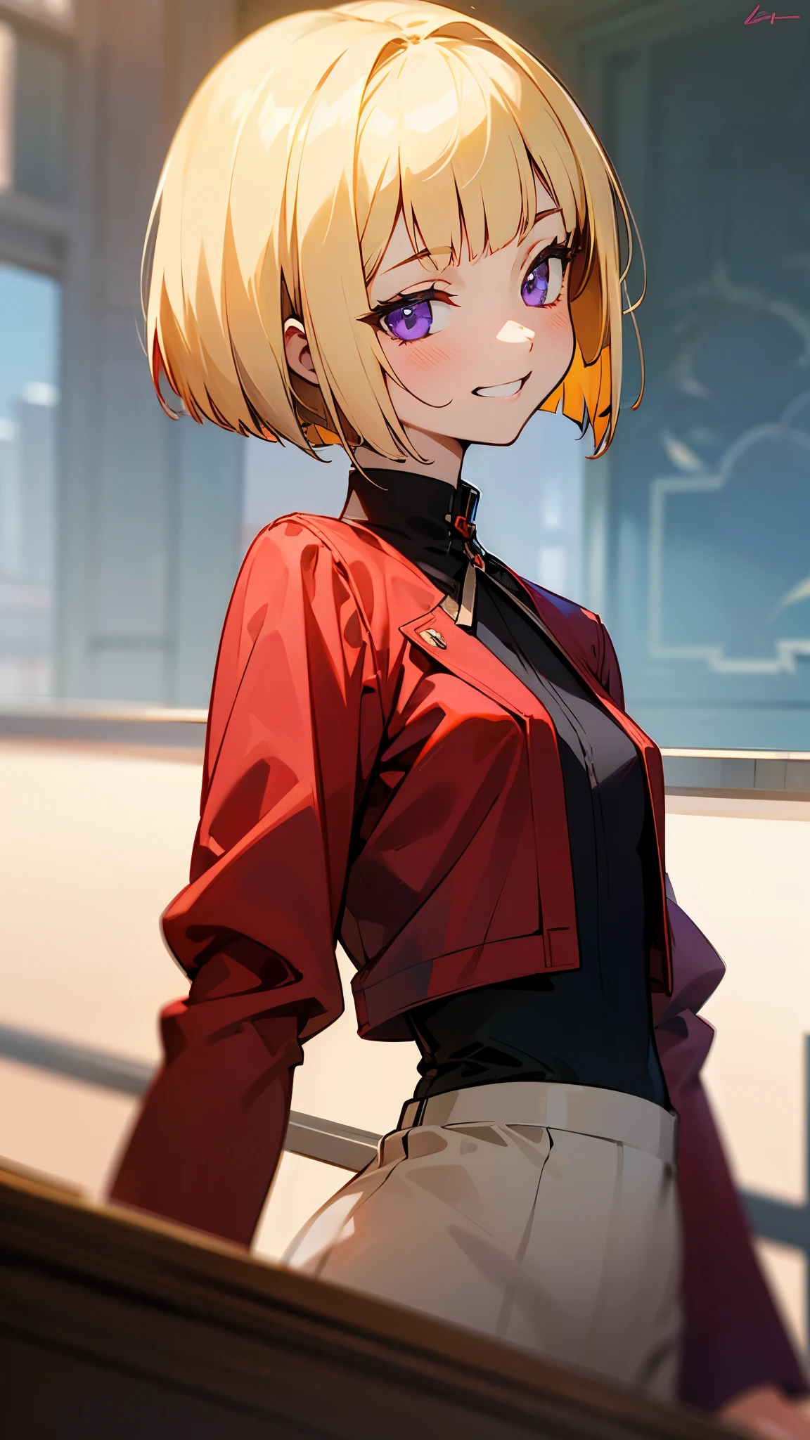 1 girl、anime painting、upper body close-up、From the side、Natural proportions、slender、small breasts、grin、white skin、(blonde)、bob cut、beautiful purple eyes、red jacket、(long sleeve blouse)、ruffle blouse、Morning Cafe Terrace、background bokeh、written boundary depth