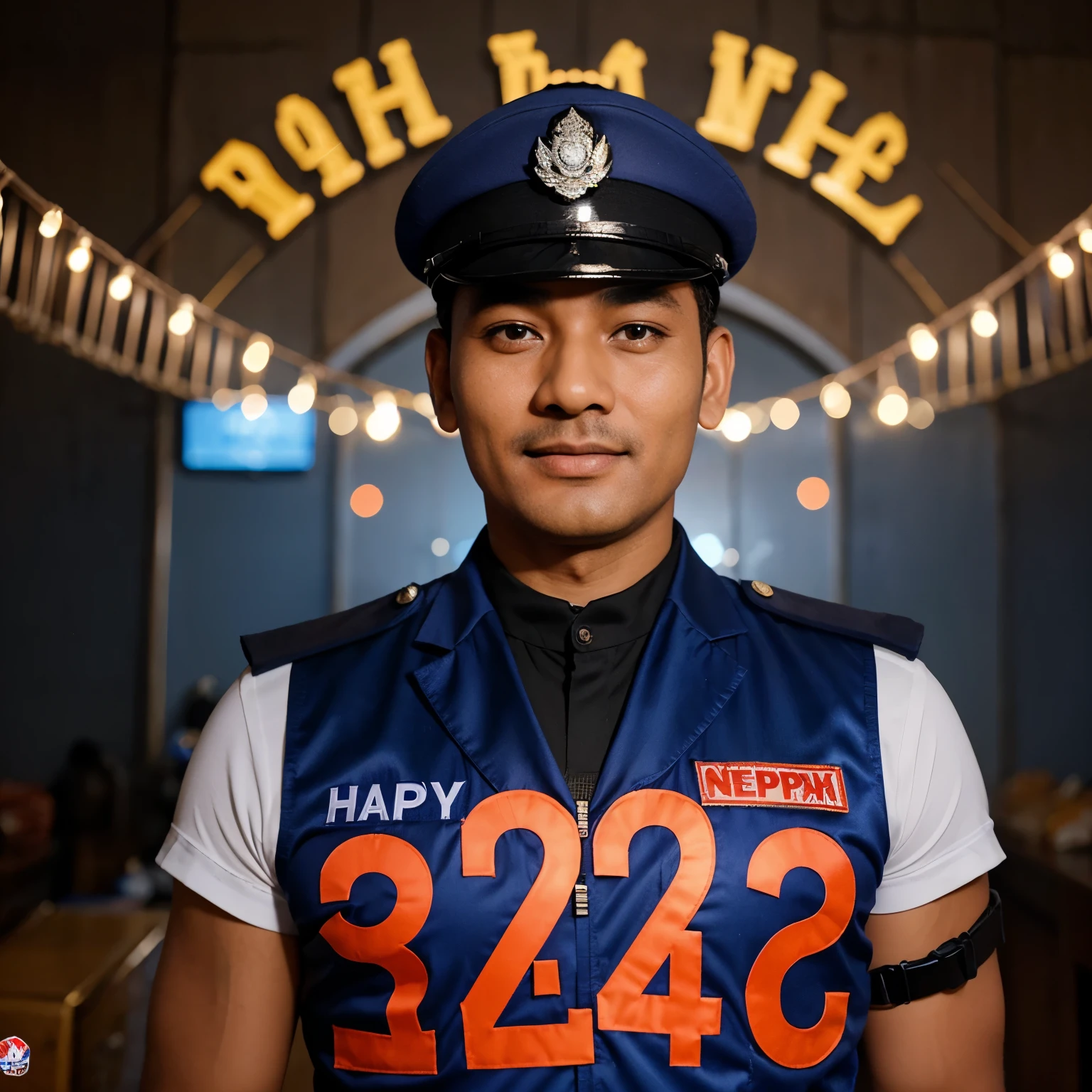 Create a picture of man in Nepal Police Uniform wishing Happy New Year 2081 with Catchy background