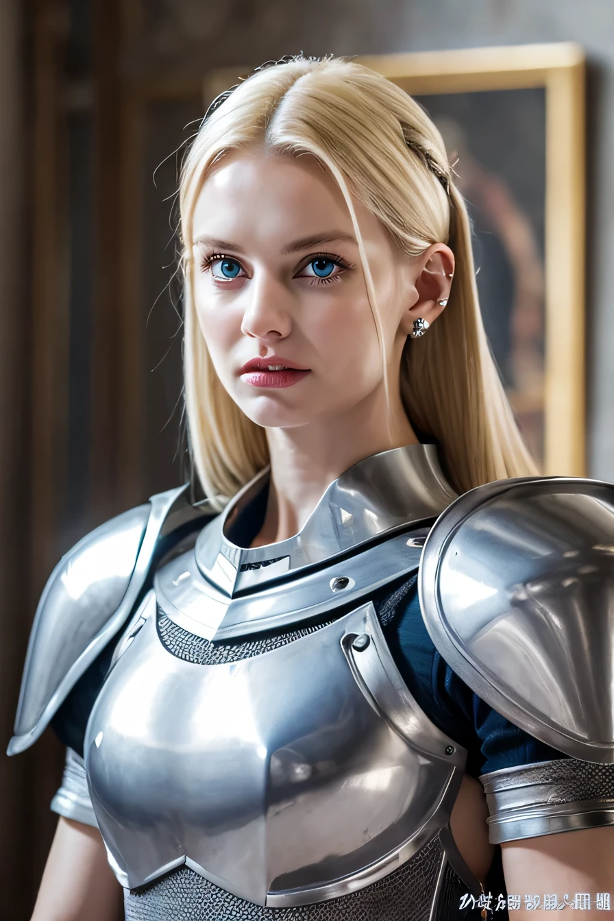 ８ｋ、female knight、The background is a room in a castle.、Luxurious Silver Armor、Cape on the back、angry face、grit your teeth、full body photo、hairstyle shortcut、ear piercing、white woman、blonde hair、blue eyes、、heavy makeup、