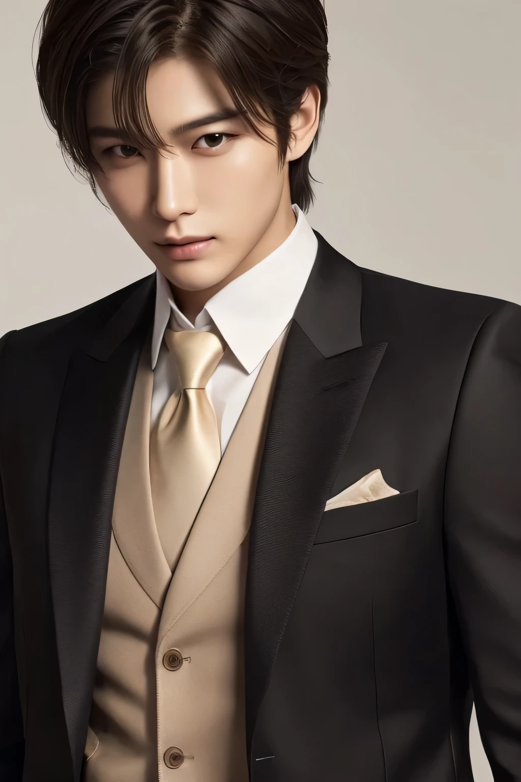 ((best quality)), ((masterpiece)), (detailed), perfect face、genuine、One Korean boy、Handsome like an idol、single eyelid、host、（Ryo Yoshizawa）、Upper body、white background、Saint Laurent Suit、Black luxury suit、Black velvet、S class handsome guy、white skin、Super handsome、Center parted short hair、golden hair、Beautiful, well-groomed hair、sexy look、other poses、（look down at the viewer）