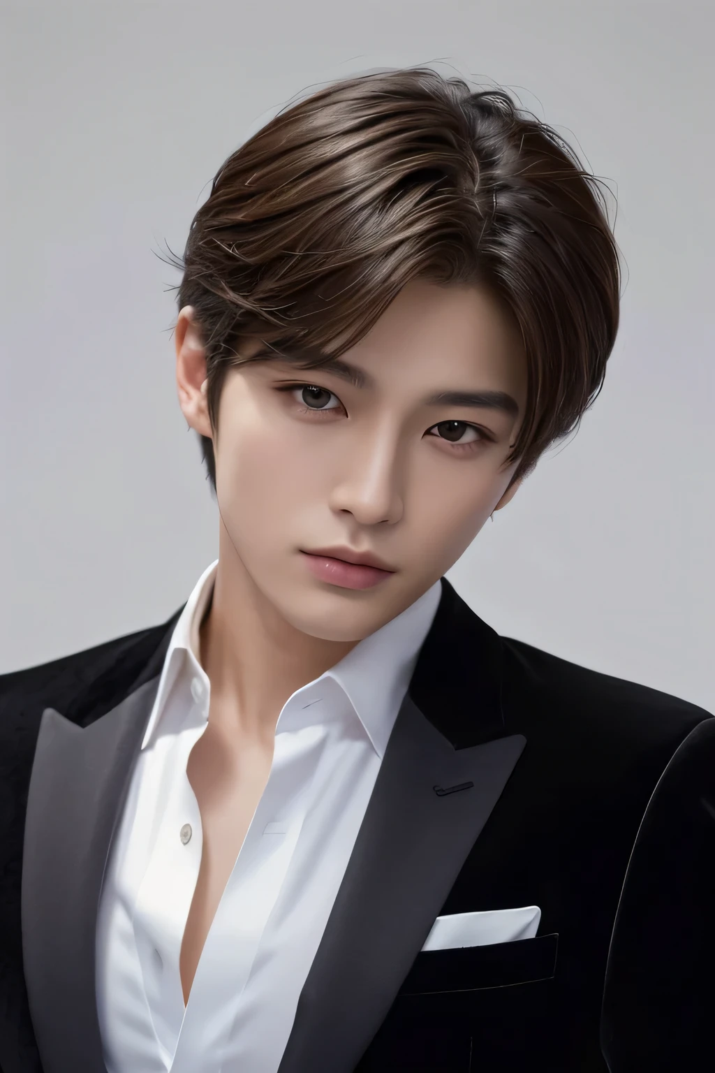((best quality)), ((masterpiece)), (detailed), perfect face、genuine、One Korean boy、Handsome like an idol、single eyelid、host、（Ryo Yoshizawa）、Upper body、white background、Saint Laurent Suit、Black luxury suit、Black velvet、S class handsome guy、white skin、Super handsome、Center parted short hair、golden hair、Beautiful, well-groomed hair、sexy look、other poses、（look down at the viewer）