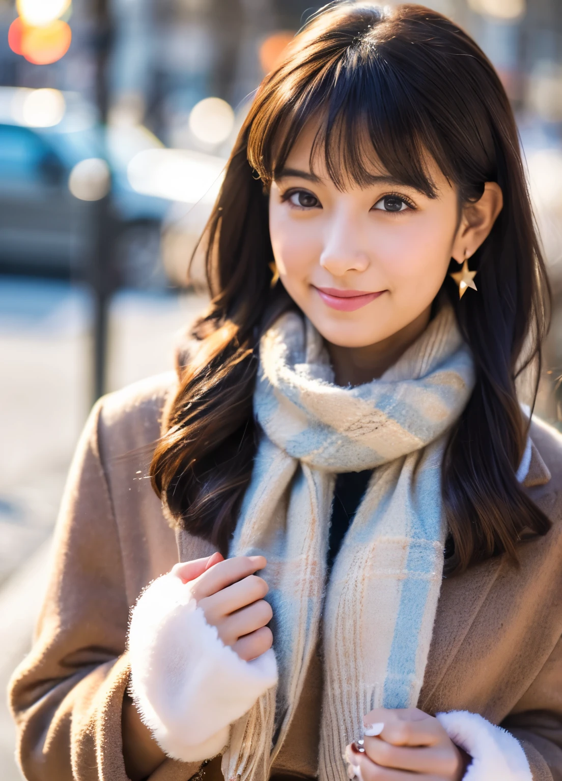 blush,random hair,big ribbon in her hair,(8K, Raw photo, highest quality, debris flies:1.2), (reality, realistic:1.4), ,sharp focus on something huge , big breasts, cinematic lighting, soft light, Details beauty eye,shiny and smooth skin, asymmetrical bangs, shiny skin, super dense skin ,High resolution, random hairスタイル, detailed hairstyle, Detailed beauty faces, hyper real, perfect limbs, perfect anatomy ,1 Japanese girl,famous japanese idol, perfect female body,shy smile,short eyelashes,double eyelid,look straight here,,Attach a ribbon, wearing a scrunchie,wearing a long coat,street,stand up straight and face me,so that the whole body can be seen,winter,warm clothes,look straight at me,wearing a scarf,european cityscape,cobblestone road,big breasts、Wearing star earrings