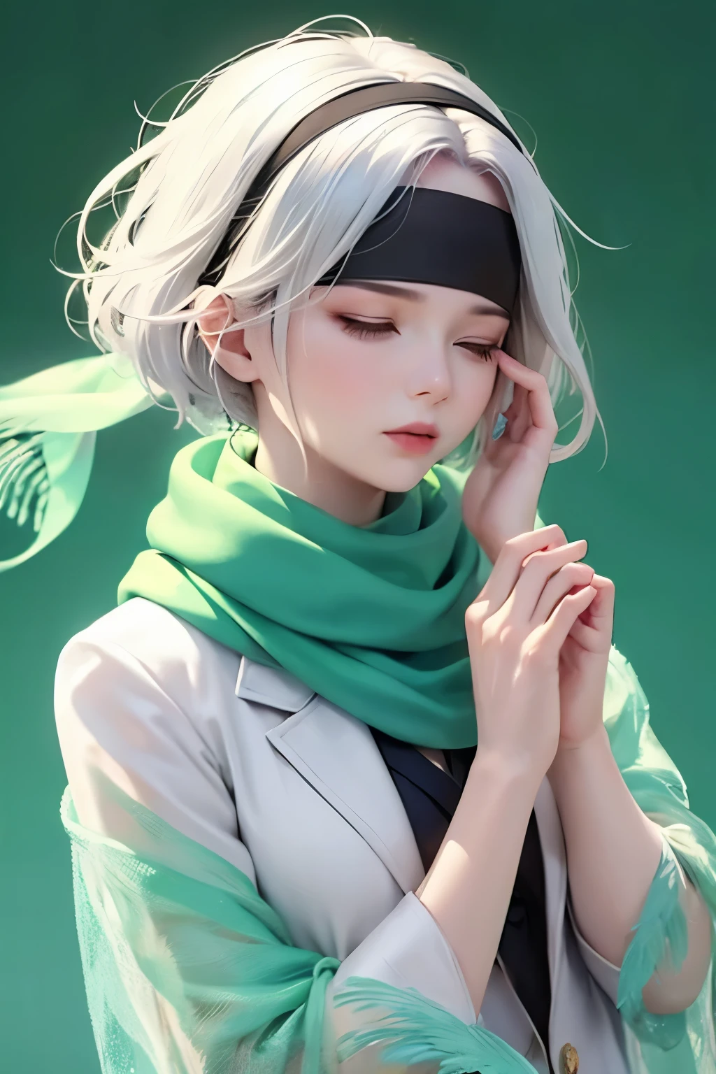 1 girl, (Blindfolded with scarf:1.3), green background, scarf, Upper body, white hair, Sky