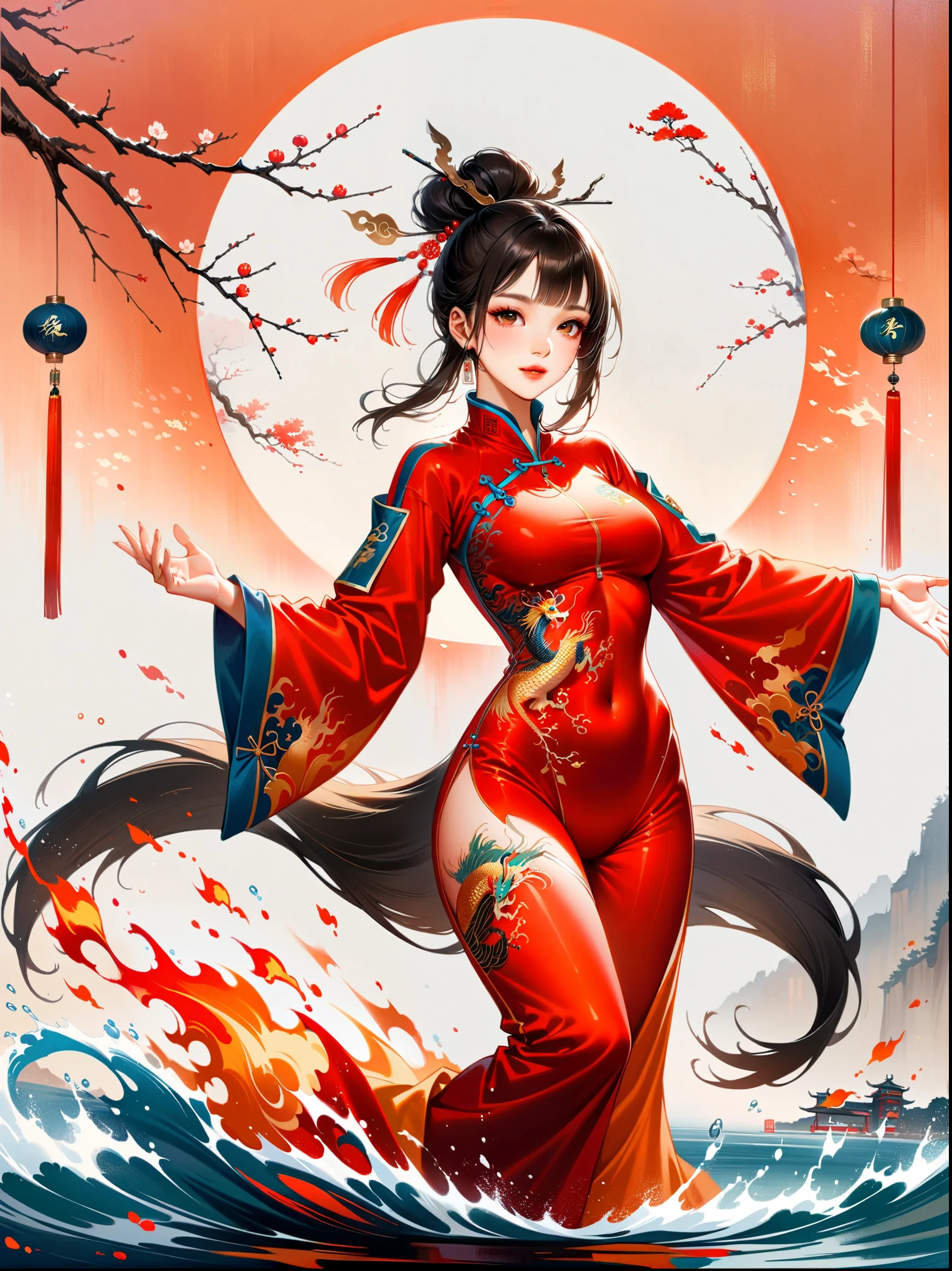 中国风大师work，lifelike，shining，Chinese traditional ink painting, willow branch, Wu Changshuo, ((masterpiece)), best quality, illustration, A Chinese girl is practicing Tai Chi, wearing a training suit with a background of Tai Chi diagram, water, fire, qi, and flowing movements. Her whole body is depicted in a Chinese style, with rich details, immortal energy, and Jojo's wonderful adventure style, in clothes, silver hair, hair bun, hair ribbon, blank eyes, light smile, god rays, UHD, masterpiece, ccurate, anatomically correct, textured skin, super detail, high details, best quality, 8k, award winning，work，Dazzling colors，Stunning visual effects，otherworldly appearance，charming art