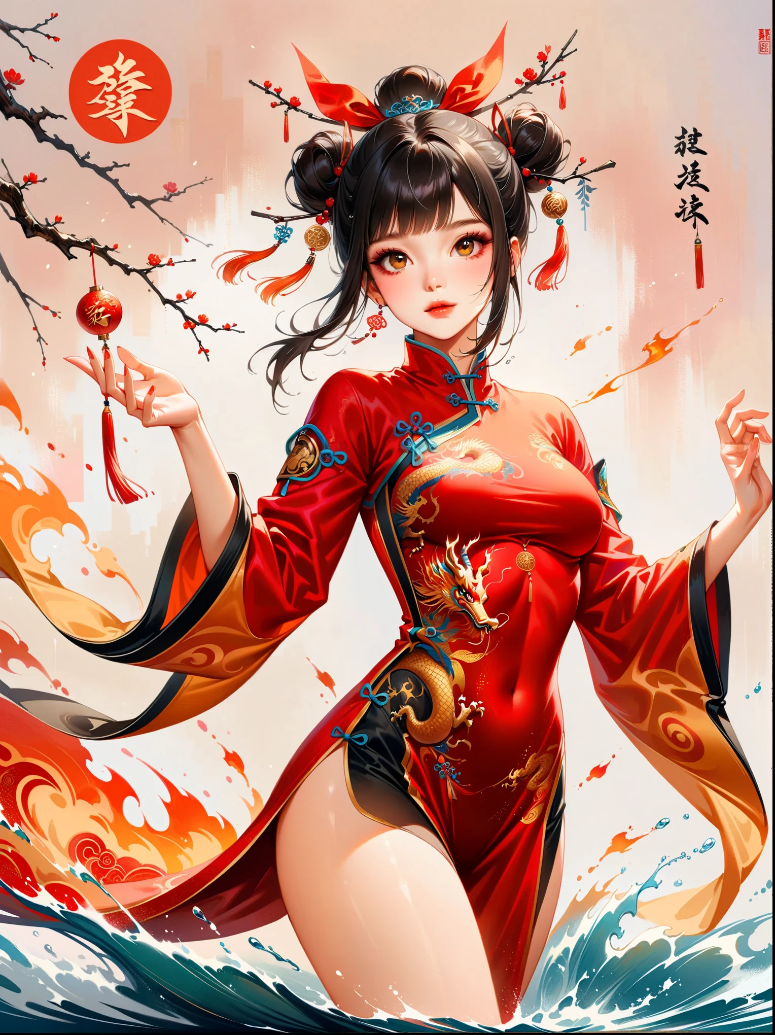 中国风大师work，lifelike，shining，Chinese traditional ink painting, willow branch, Wu Changshuo, ((masterpiece)), best quality, illustration, A Chinese girl is practicing Tai Chi, wearing a training suit with a background of Tai Chi diagram, water, fire, qi, and flowing movements. Her whole body is depicted in a Chinese style, with rich details, immortal energy, and Jojo's wonderful adventure style, in clothes, silver hair, hair bun, hair ribbon, blank eyes, light smile, god rays, UHD, masterpiece, ccurate, anatomically correct, textured skin, super detail, high details, best quality, 8k, award winning，work，Dazzling colors，Stunning visual effects，otherworldly appearance，charming art