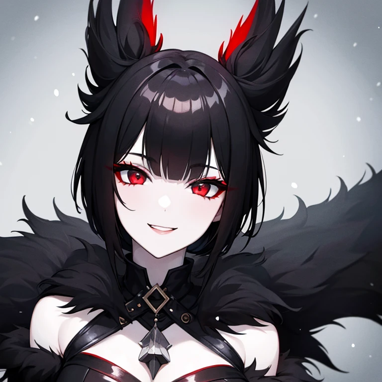 Girl, pale white skin, black eyes with red shine, black fluffy hair, black fur coat, eerie, slightly opened mouth, smile, snow background.