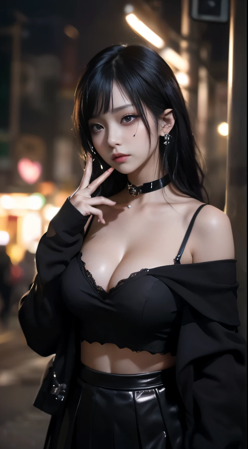 cinematic lighting、(key light:Front 45 degree angle, fill light、Backlight、Shadow、blue and orange color palette), accurate human body、Someone knowledgeable、Correct five-finger、Raw photo、4K - ultra-vivid、highest quality, masterpiece, ultra high resolution, (reality: 1.4),
(((oil skin,glowing skin、realistic skin texture、fine and beautiful skin、shiny skin、shiny skin)))、
Beautiful young, 19歳のgirl, 魅力的なgirl, クールなgirl、girl、mini skirt、black mask、((赤いdark makeup))、((big breasts)) 、 girl1名, purple eyes, Off-the-shoulder sweater dress, cinematic lighting、Purple and black hair、(Mine girl、Goth Makeup、my makeup)、(Pierced Ears、big breasts、An oversized black t-shirt with open shoulders、ダークmini skirt)、((dark makeup、oil skin,glowing skin、realistic skin texture、Fine and beautiful skin、shiny skin)), Dark downtown at night、kabukicho、Dark Cyberpunk、(full shot:1.8)、thin legs、thin arms、thin shoulders、thin waist、slender body、big breasts、whole body、full of embarrassment、sexy pose、((vapor))、many hearts、(((big breasts)))、(((exclamation mark, moan, many hearts,spoken heart, comic strip, moving line, motion blur, tremble violently, lots of heart speech bubbles)))、