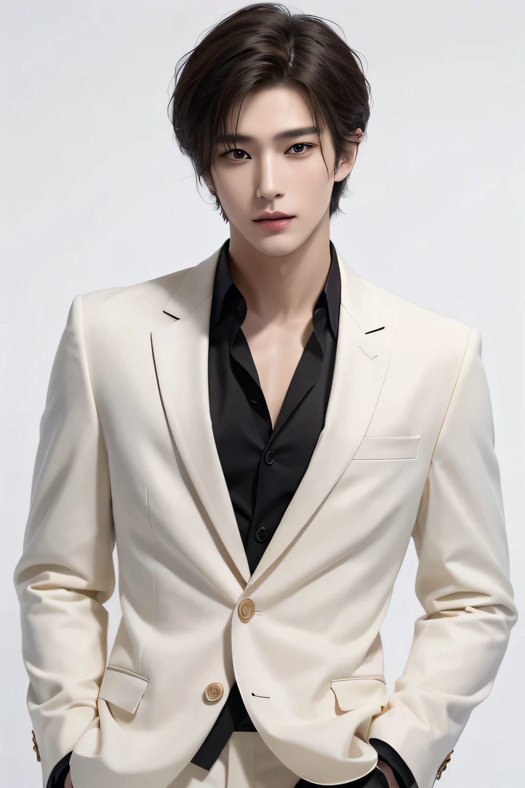 ((best quality)), ((masterpiece)), (detailed), perfect face、genuine、One Korean boy、Handsome like an idol、host、(Ryo Yoshizawa)、Upper body、white background、Saint Laurent Suit、Black luxury suit、Black velvet、S class handsome guy、white skin、Super handsome、Center parted short hair、golden hair、Beautiful, well-groomed hair、sexy look、other poses、(look down at the viewer)
