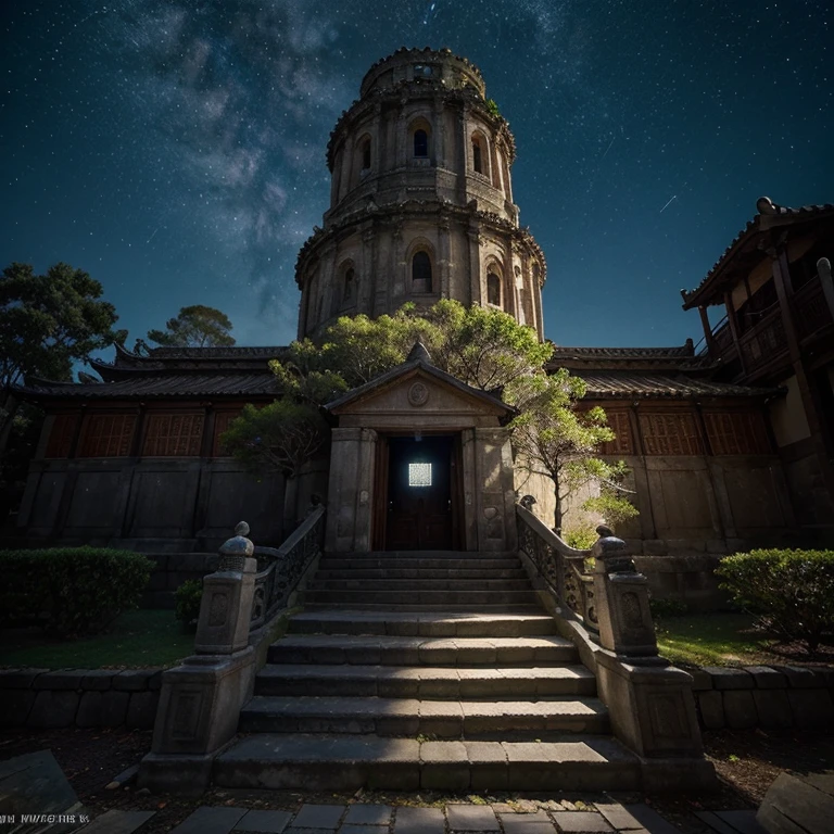 High-altitude bird&#39;s-eye view of realistic movie scenes，古老的mystery森林，ancient towering sacred tree，树干刻满了mystery的符文，traces of ancient times，There is a big hole at the bottom of the tree trunk，stone steps，vines twining。

inscription symbols，mystery的光芒，It&#39;s like magic that makes flowers bloom，mystery，The leaves sway and the roots dig deep into the earth，Sparkling gravel of small river，blue ghost flame。

inscription symbols散發光芒，Stars twinkle in the night sky with moonlight，The soul comes at night，The stars are shining clearly ，Weird atmosphere（Broad vision）。
