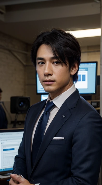 Black-haired male news anchor、dark blue suit、Dark blue tie