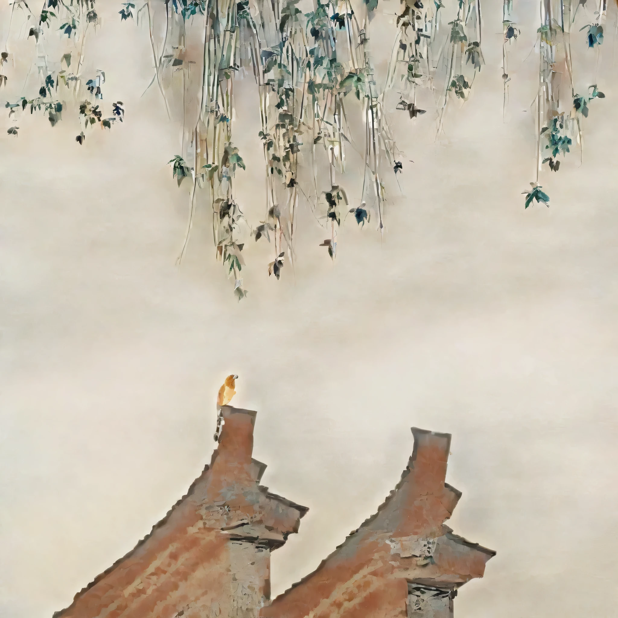 photography，landscape photography，There are two birds perched on the roof of the building, Tile roof,   Tile roof, Chinese Hui-style architecture, Branches stretch out to the sky，8k,8k,Super picture quality