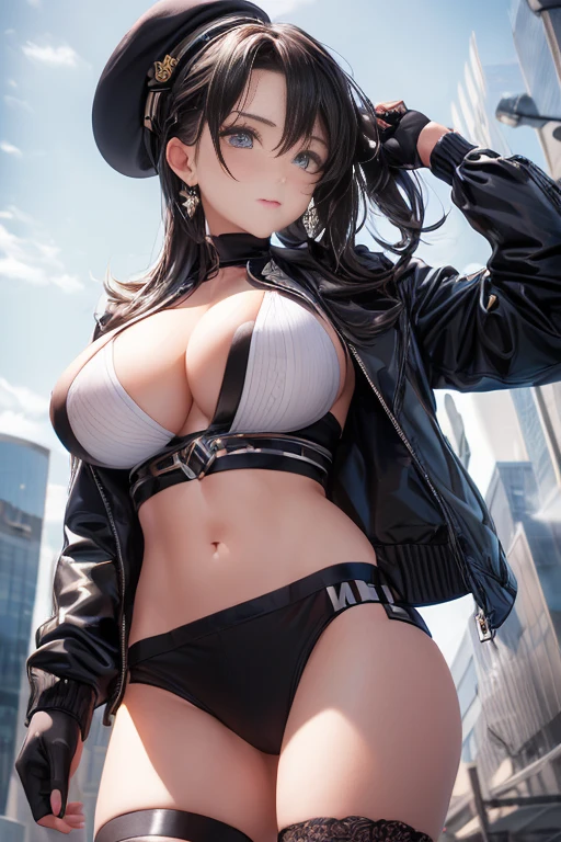 29 years old, (milf:0.9), (solo:1.3), (sfw:1.25), cute breast, beautiful breasts, medium tits, thin waist, big ass:1.0, Raised sexy, (black beret, black jacket, open clothes, cleavage, midriff, black shorts, black thighhighs, thigh strap, fingerless gloves, single glove:1.2), blue eyes, light smile, big , Revimpling fabric, earrings, Hand gloves, detailed face,(smoking:1.3),long hair,side ponytail,hair between eyes,bangs,detailed and beautiful eyes,beautiful detailed lips,Rolling her eyes,manner,hair over one eye, (ultra high resolution, 8K RAW photo, photo realistics, thin outline:1.3, clear focus), best qualtiy, natural lighting, textile shading, field depth, (Bright pupils, fine detailed beautiful eyes with highlight:1.3, high detailed face), Red lip, fine realistic skins:1.1, looking down viewers:1.3, (dynamic angle:1.3, front view:1.1, breast focus:1.4, from below:1.5), (dynamic posing:1.5, sexy posing:1.2),Youghal, side lock, hair ornaments,nice,garden background,artistic rendering,Super detailed,(highest quality,4k,8K,High resolution,masterpiece:1.2),Bright colors,studio lighting ,at military base in usa