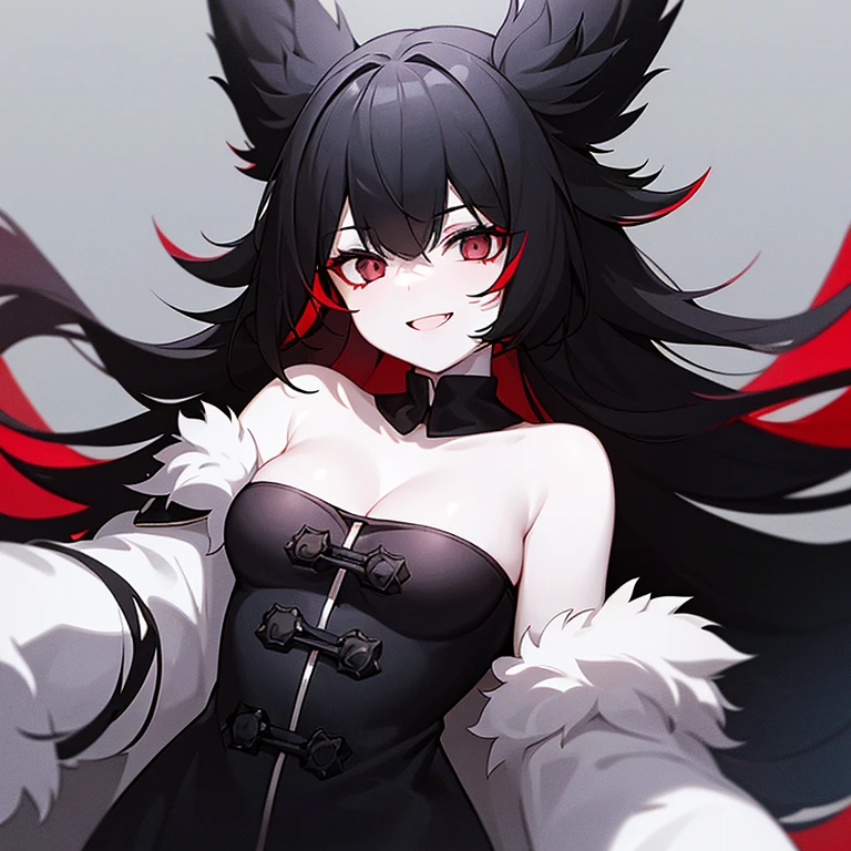Girl, pale white skin, black eyes with red shine, black fluffy hair, black fur coat, eerie, slightly opened mouth, smile, snow background.