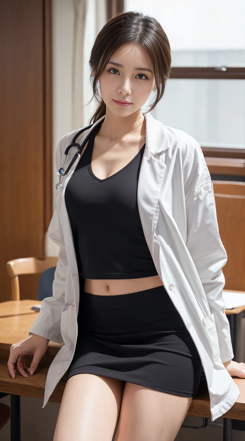 Photorealistic beautiful doctor、amazingly beautiful、doctor&#39;Under her white coat is sexy red underwear, collared shirt、(highest quality、8K、32k、masterpiece、nfsw:1.3)、ultra high resolution,(Photoreal:1.4),Raw photo, detailed face,,beautiful hair, ((doctor style)), , black tight skirt、 natural makeup,, big and full breasts、Inside the hospital, detailed background, perfect lighting, Depth of written boundary, beautiful shadow gradation,Stethoscope ,NSFW、Beautiful female doctor、Fall in love、Her underwear is visible、Sit in the examination chair、