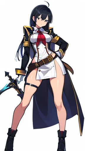 (((Best Quality))) , ((full body)), female, reference sheet, solo, (white background), holding weapon, gloves, slit trench skirt, bareback, belt,