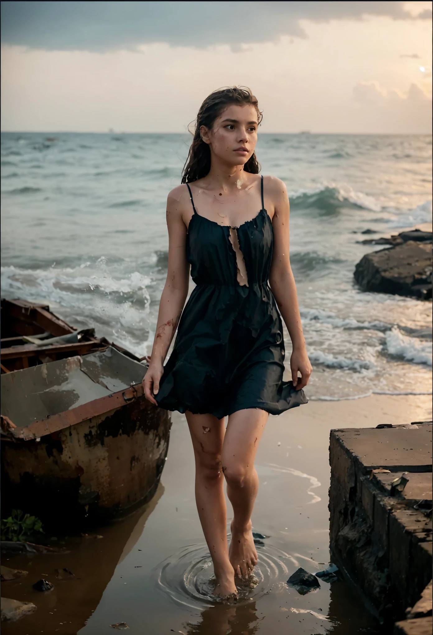 reference sheet: 1.8, great details, high quality, masterful work, a beautiful girl walks along the surface of the water at dusk, gloomy atmosphere, wet dress, gloomy background, River, stones, Dry trees, girl in a wet dress, Barefoot, bare legs, got lost, girl in search, in a torn dress, torn clothes, torn fabric, pieces of cloth, came ashore after a shipwreck, shipwrecks float in the distance, wounds and abrasions on the body, walks and limps, in search of accommodation and food, a seriously wounded girl in scraps of dress and torn fabric, holds the wet hem of her dress with one hand, wounded body, seriously wounded girl can barely walk