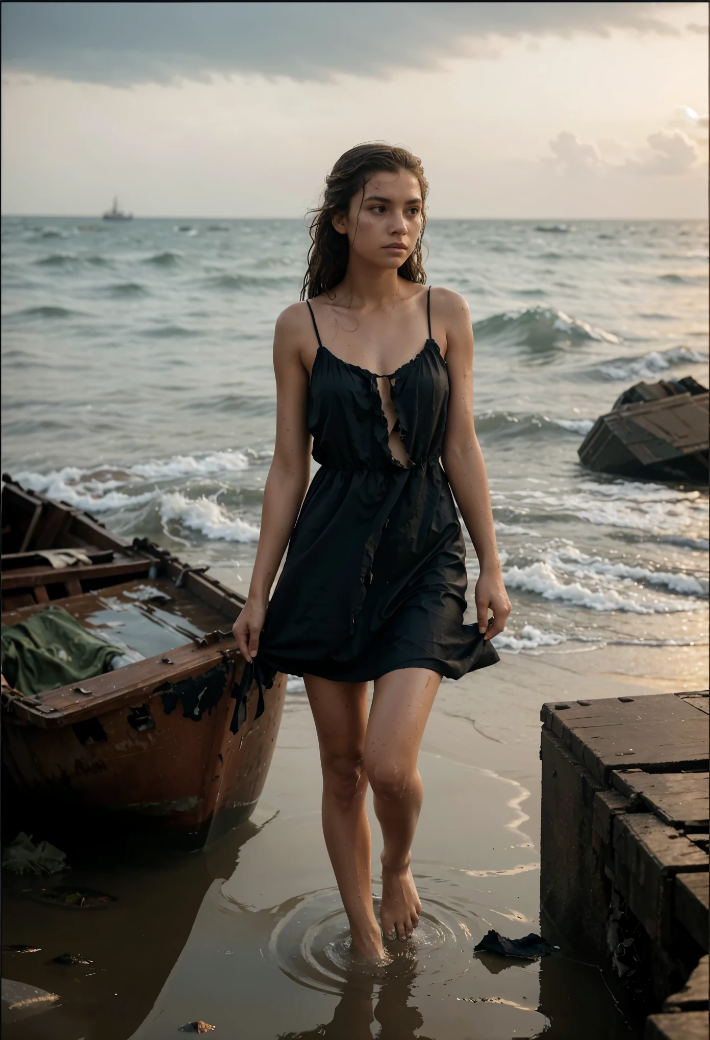 reference sheet: 1.8, great details, high quality, masterful work, a beautiful girl walks along the surface of the water at dusk, gloomy atmosphere, wet dress, gloomy background, River, stones, Dry trees, girl in a wet dress, Barefoot, bare legs, got lost, girl in search, in a torn dress, torn clothes, torn fabric, pieces of cloth, came ashore after a shipwreck, shipwrecks float in the distance, wounds and abrasions on the body, walks and limps, in search of accommodation and food, a seriously wounded girl in scraps of dress and torn fabric, holds the wet hem of her dress with one hand, wounded body, seriously wounded girl can barely walk 