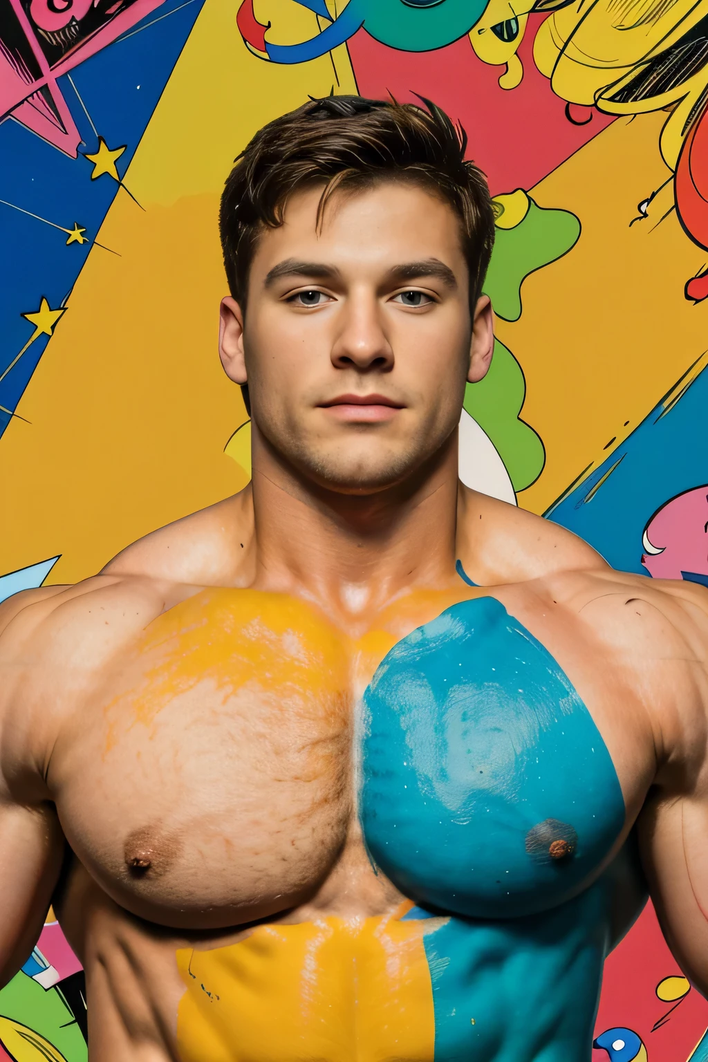 (A muscular man:vivid colors,shirtless:1.1,Kirbywood style,vintage color comics,showcasing:1.1,sharp focus,hi-res details,intricate features,creating,vivid colors,masterpiece:1.2,8k quality) cubism background, symmetrical poster