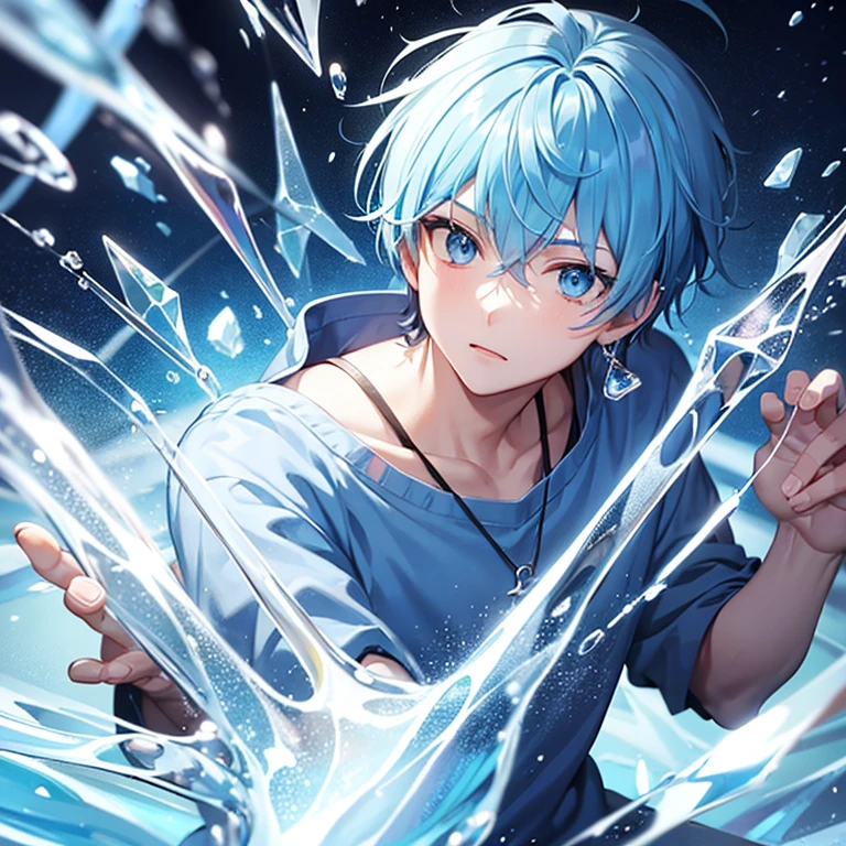Blue hair, boy, ice user, ice world, blue eyes, whole body, mini character