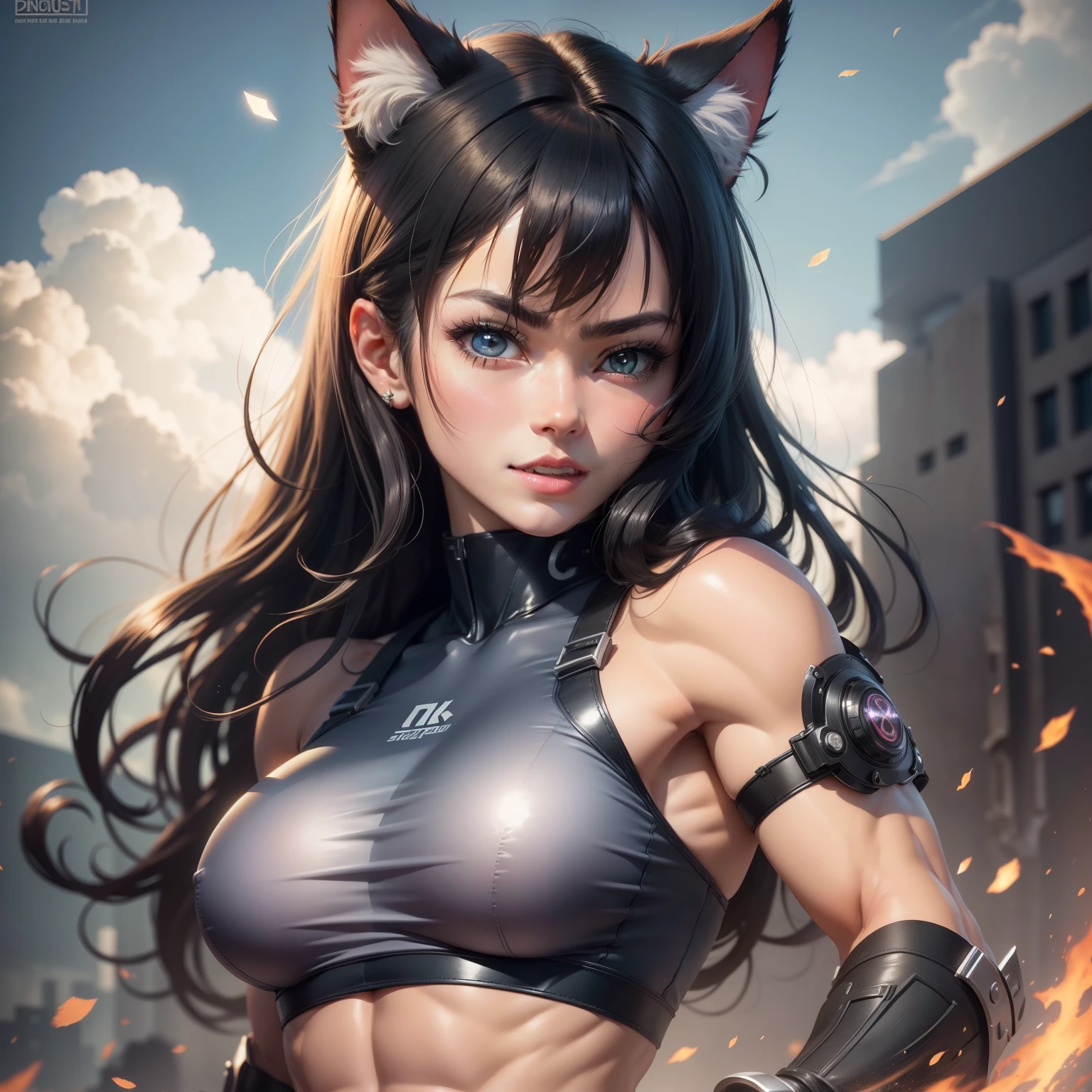 (Top quality, super details: 1.2), muscular body, toned body, abs of steel, anime style, cat ears girl, black hair, hair bobble, wince, long eyelashes, solid circle eyes, fake animal ears, light smile, ear blush, fangs, surrealism, cast shadow, anaglyph, stereogram, tachi-e, throw, atmospheric perspective, 8K, ultra-detailed, accurate, top quality, otherworldly.