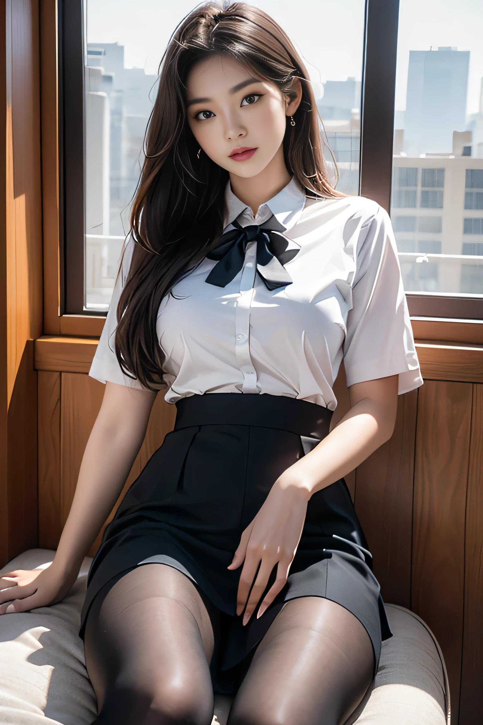 (Light underwear upper-class elite secretary), Sit by the window，work in the office、 (Wear pantyhose)、(long hair)、 Wear quality heels、 (thighs and skirt), Shirt Secretary, merchant, Wear a shirt and skirt, business attire, business attire, RAW photos, (8 thousand、top quality、masterpiece:1.2)、(intricate details:1.4)、(realistic:1.4)、octane rendering、Highly detailed representation of complex 3D renderings, vivid details, super detailing, realistic skin texture, detailed production, Beautiful eye for detail, Highly detailed CG Unity 16k wallpaper, Make-up - Make-up, (detailed background:1.2), glowing skin、thighs exposed!!!, she masturbates, spread the crotch apart, panties visible, bow down, lift your butt, from upper, Please make an erotic facial expression.,