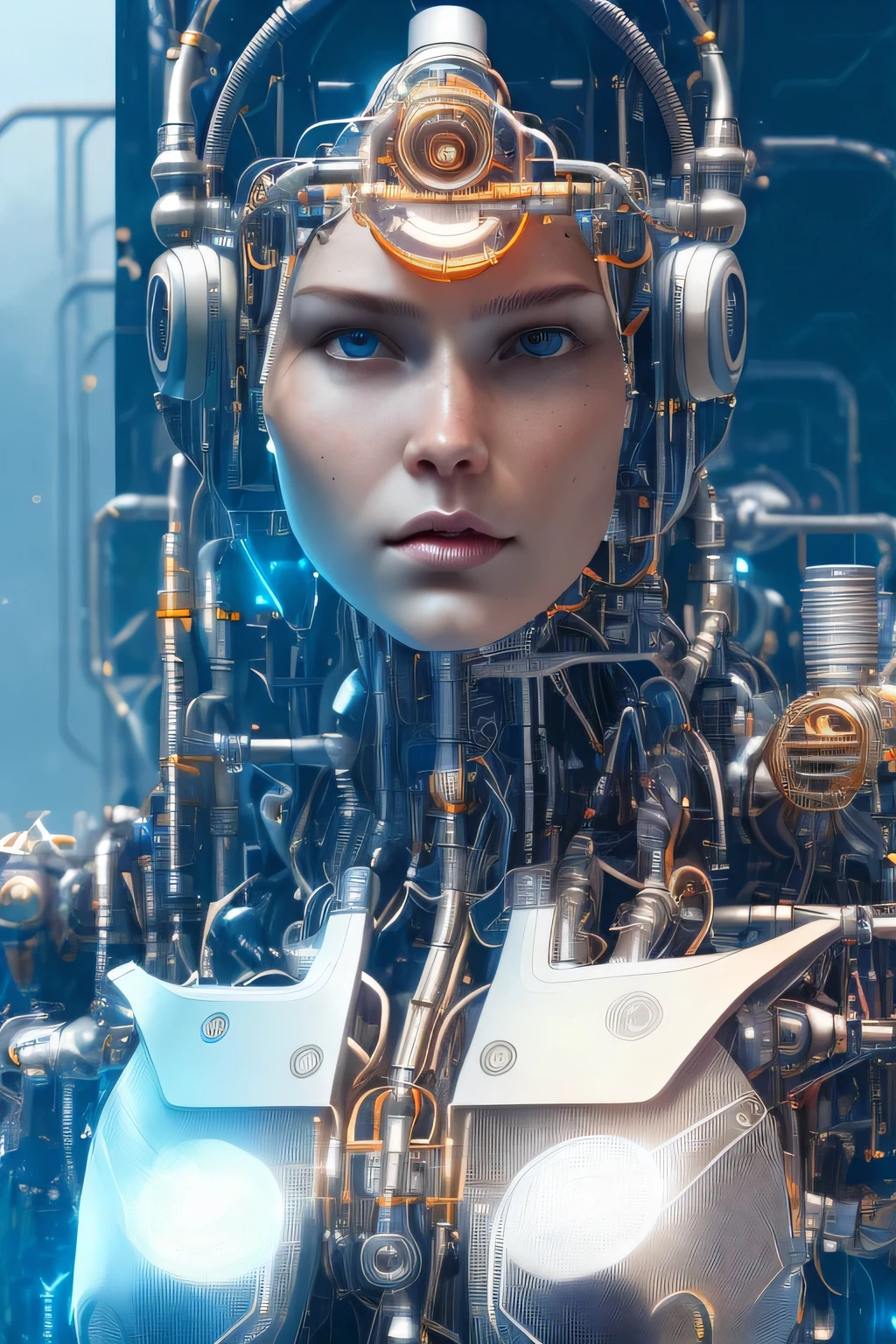 full body cyborg| full-length portrait| detailed face| symmetric| steampunk| cyberpunk| cyborg| intricate detailed| to scale| hyperrealistic| cinematic lighting| digital art| concept art| mdjrny-v4 style