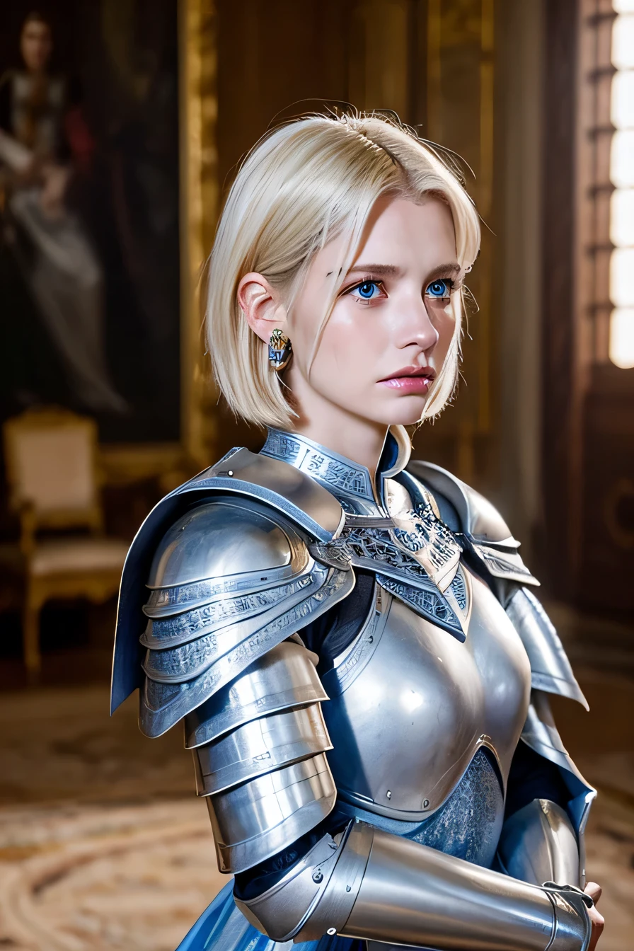 8k、female knight、The background is a room in a castle.、Luxurious Silver Armor、Cape on the back、crying face、shedding tears、full body photo、hairstyle short cut、ear piercing、white woman、blonde hair、blue eyes、heavy makeup、