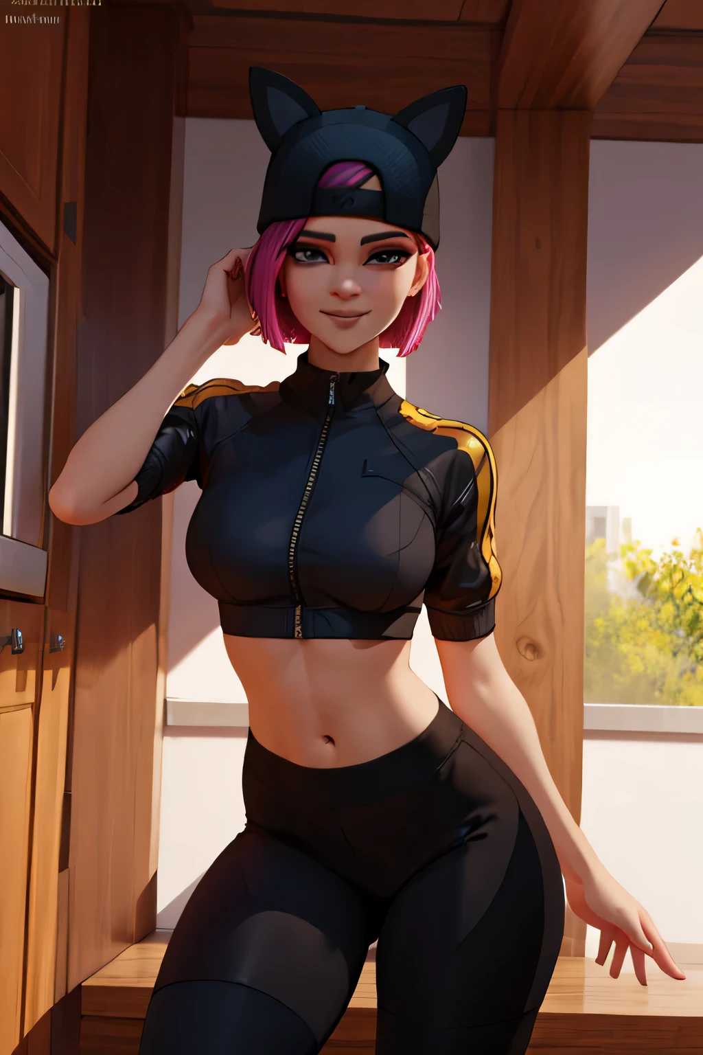 1 chica, (obra maestra), (Mejor calidad), de pie, (solo), mirando al espectador, alto detallado,Extremadamente detallado, Ojos finos, sonrisa,dynamic pose, pelo corto rosa,gorra,top corto, chaqueta,guante sin dedos,con curvas,bosque,anteojos,(leggins grises),(retrato:1.2),
