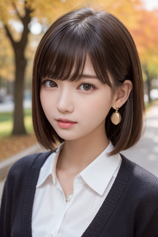 one girl, (a beauty girl, Delicate girl:1.3), (:1.3),
break, (Tree-lined avenue in autumn:1.2), (cardigan:1.2),
break, very fine resolution, (symmetrical eyes:1.3),
break, small breasts, brown eyes, parted bangs, brown hair, girl,
break, (Eye and face details:1.0), (get closer to the face, zoom in on the face, face focus:1.0),
break, (masterpiece, highest quality, super detailed, detailed face, 8K)、From above、earrings、hair blowing in the wind、blush your cheeks、、((Biting your lower lip))、high angle、super realistic photos、