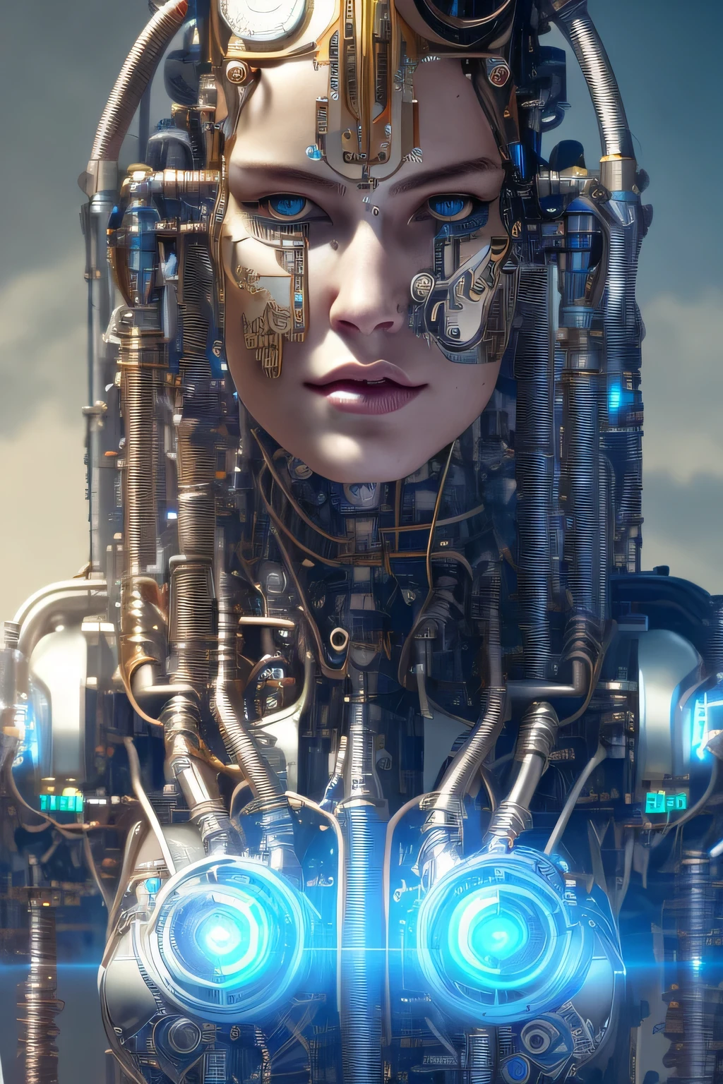 full body cyborg| full-length portrait| detailed face| symmetric| steampunk| cyberpunk| cyborg| intricate detailed| to scale| hyperrealistic| cinematic lighting| digital art| concept art| mdjrny-v4 style