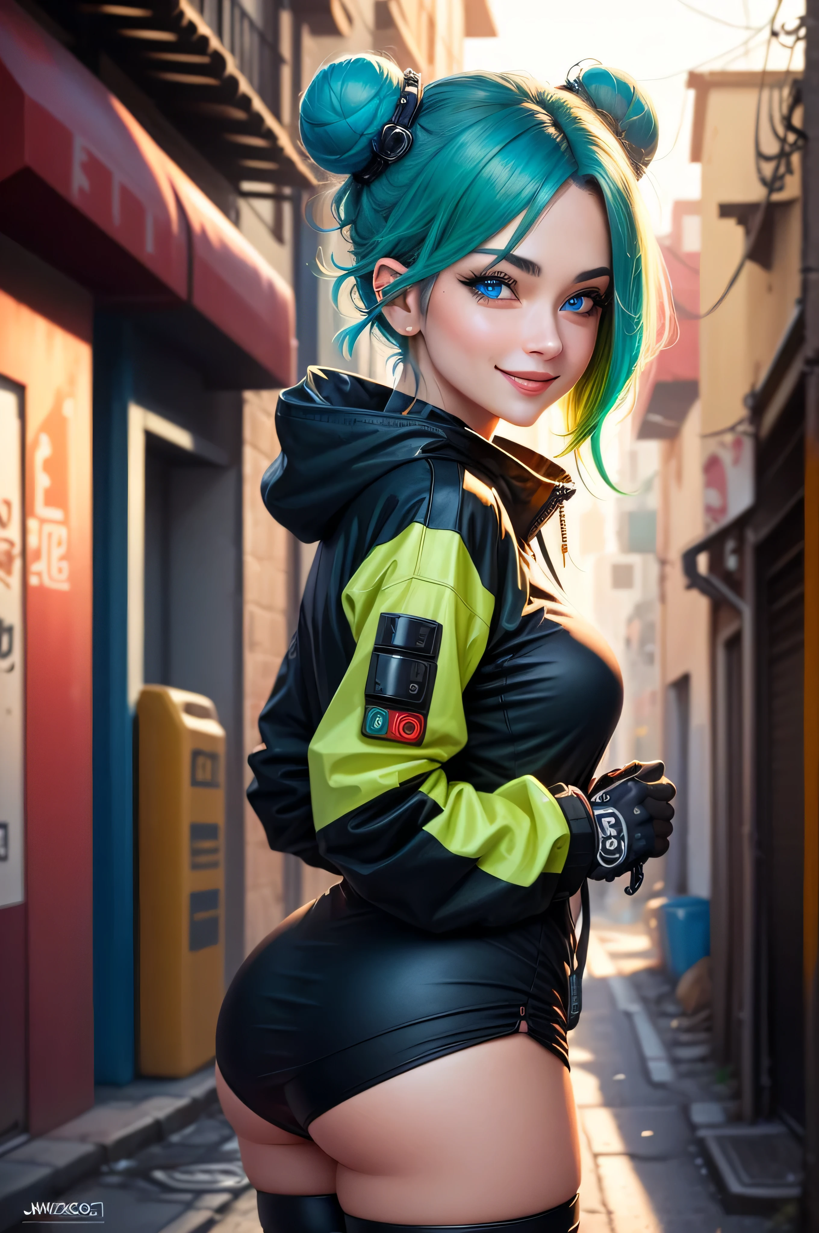 photorealistic, high resolution, 1 beautiful female, beautiful blue eyes, top bun parrot green hair, smiling, cyberpunk ninja outfit, leaning against a car, background back alley street, dramatic, chromatic aberration.