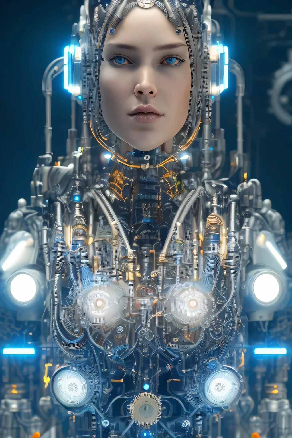 full body cyborg| full-length portrait| detailed face| symmetric| steampunk| cyberpunk| cyborg| intricate detailed| to scale| hyperrealistic| cinematic lighting| digital art| concept art| mdjrny-v4 style