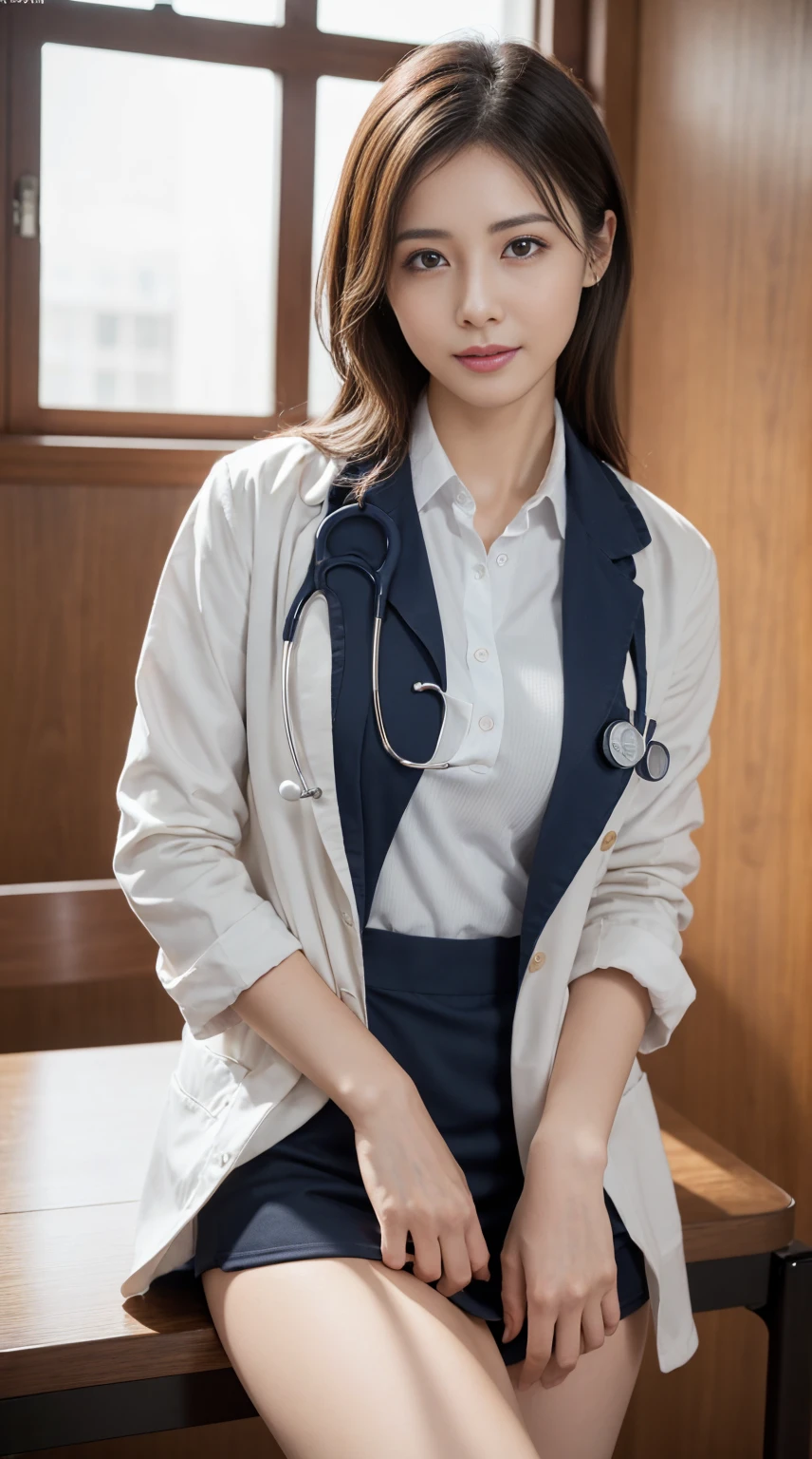 Photorealistic beautiful doctor、amazingly beautiful、doctor&#39;Under her white coat is sexy red underwear, collared shirt、(highest quality、8K、32k、masterpiece、nfsw:1.3)、ultra high resolution,(Photoreal:1.4),Raw photo, detailed face,,beautiful hair, ((doctor style)), , black tight skirt、 natural makeup,, big and full breasts、Inside the hospital, detailed background, perfect lighting, Depth of written boundary, beautiful shadow gradation,Stethoscope ,NSFW、Beautiful female doctor、Fall in love、Her underwear is visible、Sit in the examination chair、