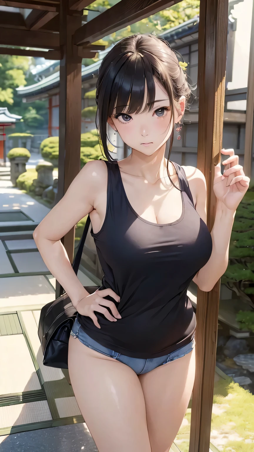 (((masterpiece))),(((High resolution)))、(((8K)))、(((perfect face)))、(((beauty of japan)))、40 years old、(((beautiful face))), (((brack tanktop))), panty, embarrassed look, look at the camera, (thighs)、top quality eyes, detailed texture, look at the camera, standing, plump, big tits