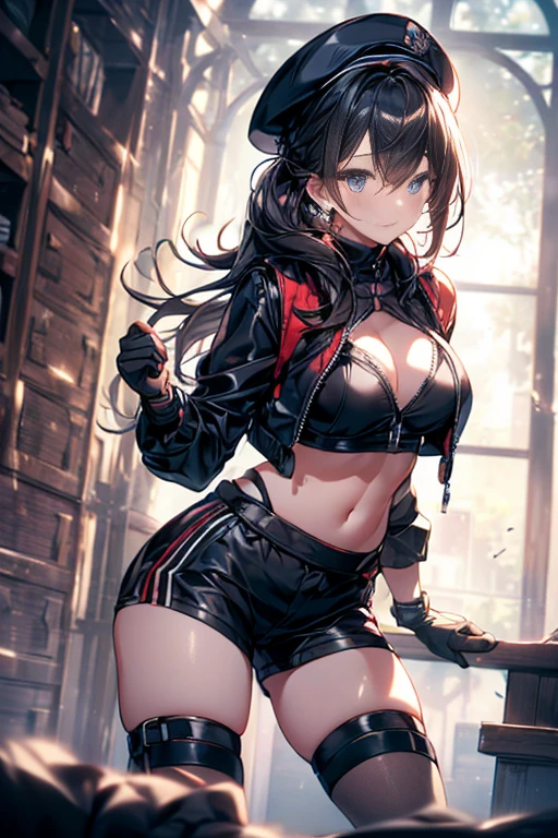 29 years old, (milf:0.9), (solo:1.3), (sfw:1.25), cute breast, beautiful breasts, medium tits, thin waist, big ass:1.0, Raised sexy, (black beret, black jacket, open clothes, cleavage, midriff, black shorts, black thighhighs, thigh strap, fingerless gloves, single glove:1.2), blue eyes, light smile, big , Revimpling fabric, earrings, Hand gloves, detailed face,(smoking:1.3),long hair,side ponytail,hair between eyes,bangs,detailed and beautiful eyes,beautiful detailed lips,Rolling her eyes,manner,hair over one eye, (ultra high resolution, 8K RAW photo, photo realistics, thin outline:1.3, clear focus), best qualtiy, natural lighting, textile shading, field depth, (Bright pupils, fine detailed beautiful eyes with highlight:1.3, high detailed face), Red lip, fine realistic skins:1.1, looking down viewers:1.3, (dynamic angle:1.3, front view:1.1, breast focus:1.4, from below:1.5), (dynamic posing:1.5, sexy posing:1.2),Youghal, side lock, hair ornaments,nice,garden background,artistic rendering,Super detailed,(highest quality,4k,8K,High resolution,masterpiece:1.2),Bright colors,studio lighting ,at military base in usa